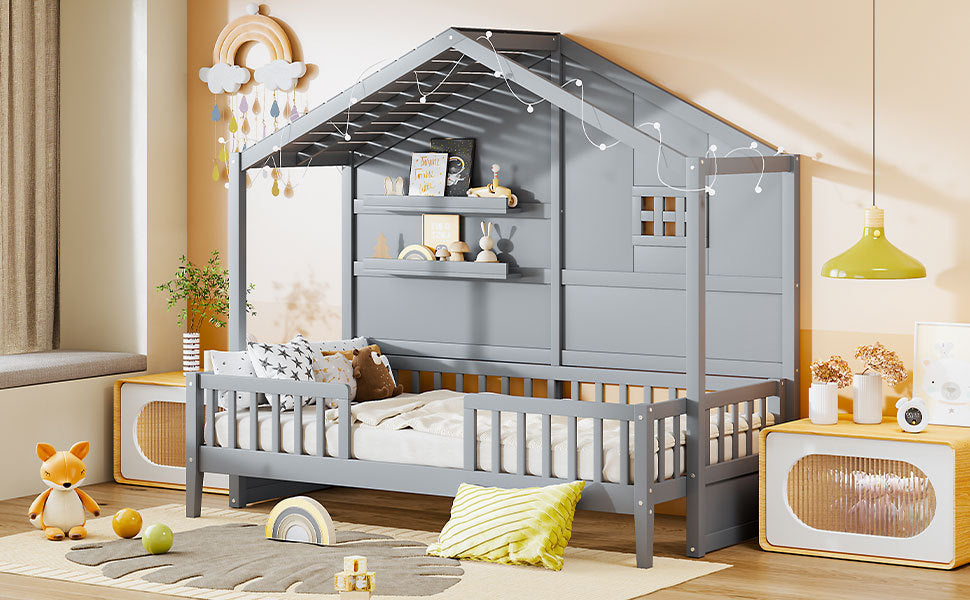 Twin Size House Bed With Shelves, House Bed With Window And Sparkling Light Strip On The Roof, Gray Twin Gray Solid Wood Mdf