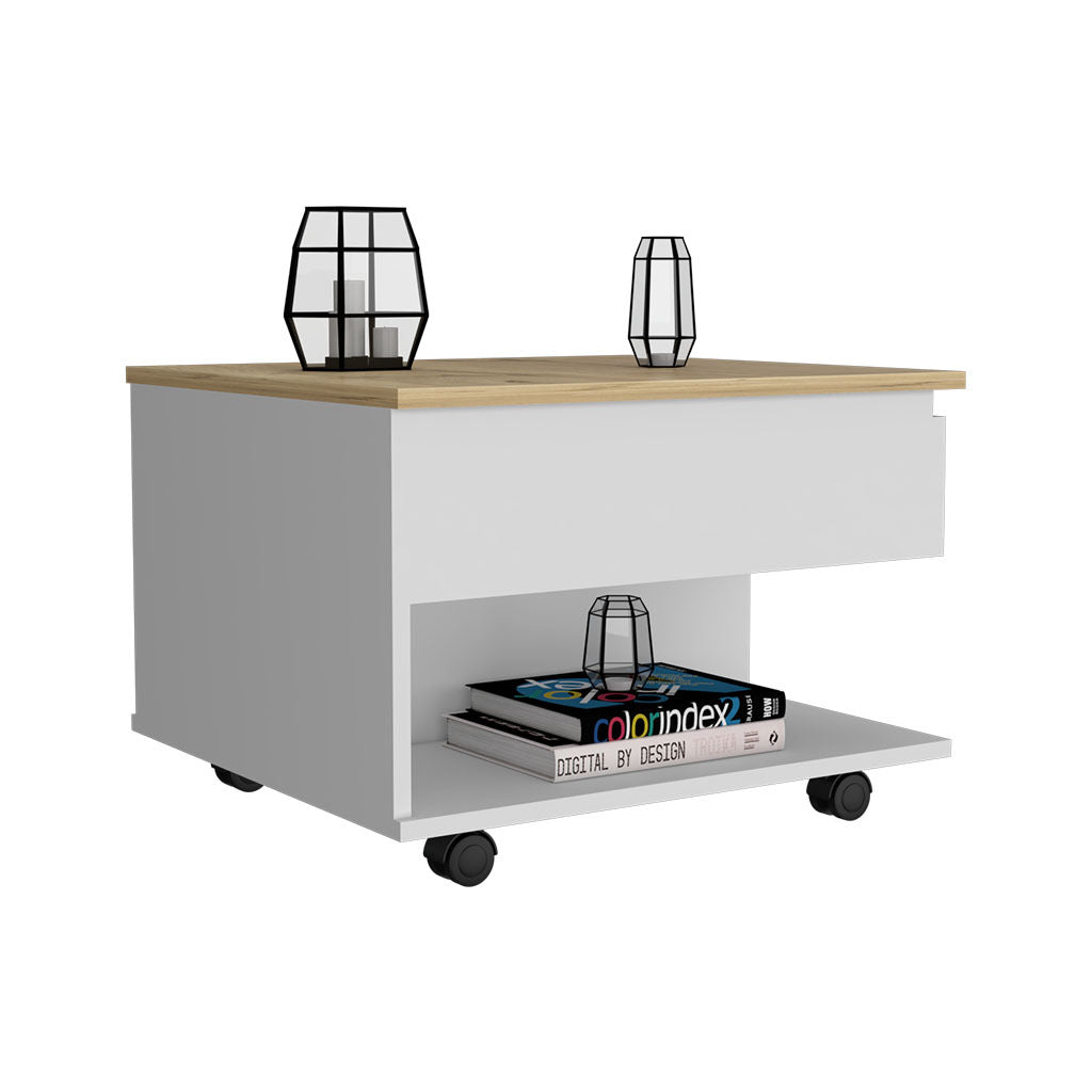 15" H White Light Oak Coffee Table, 4 Brake Wheels, Lifting Top That Allows Storage Inside The Table, 1 Lower Shelf And 1 Vertical Division That Allows You To Decorate, Design Books And More. Multicolor Particle Board Particle Board