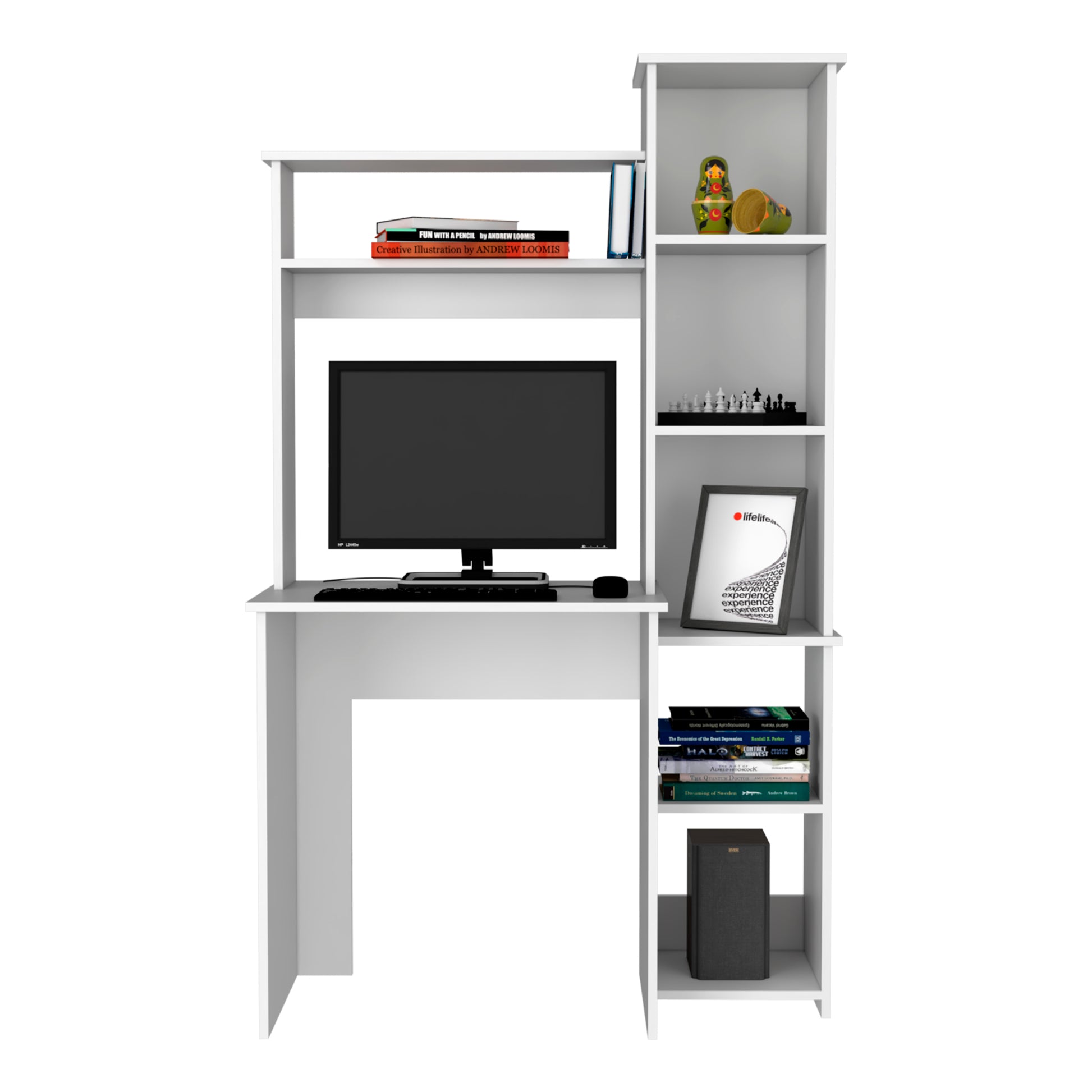 Desk, Five Shelves, Two Superior Shelves, White White Particle Board Particle Board