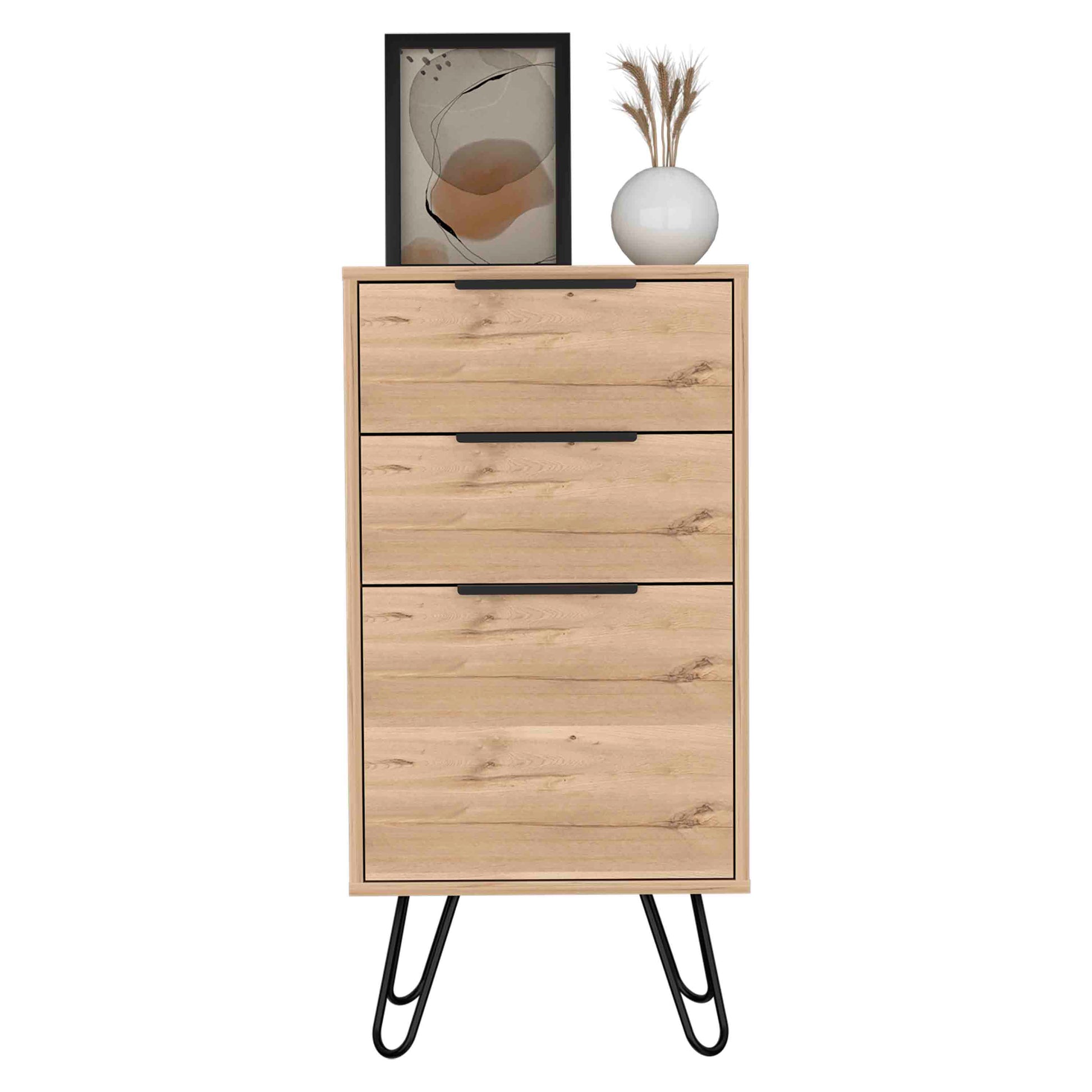 Light Dresser 35"H, 17"W, Superior Top,Three Drawers, Hairpin Legs, Light Oak Beige Particle Board Particle Board