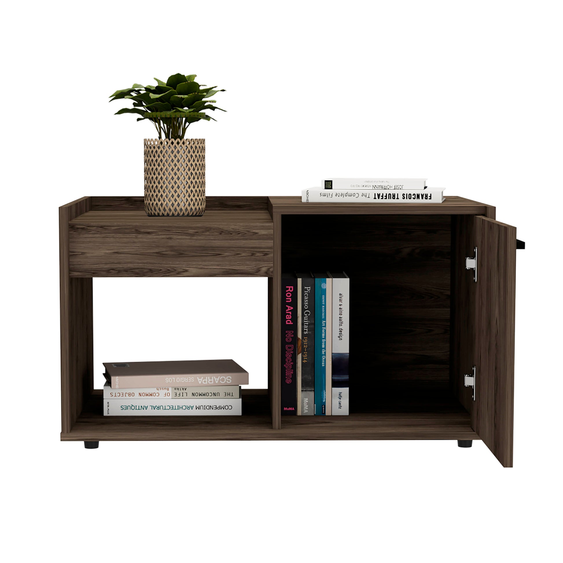 Coffee Table, One Open Shelf, Single Door Cabinet, Dark Walnut Brown Particle Board Particle Board
