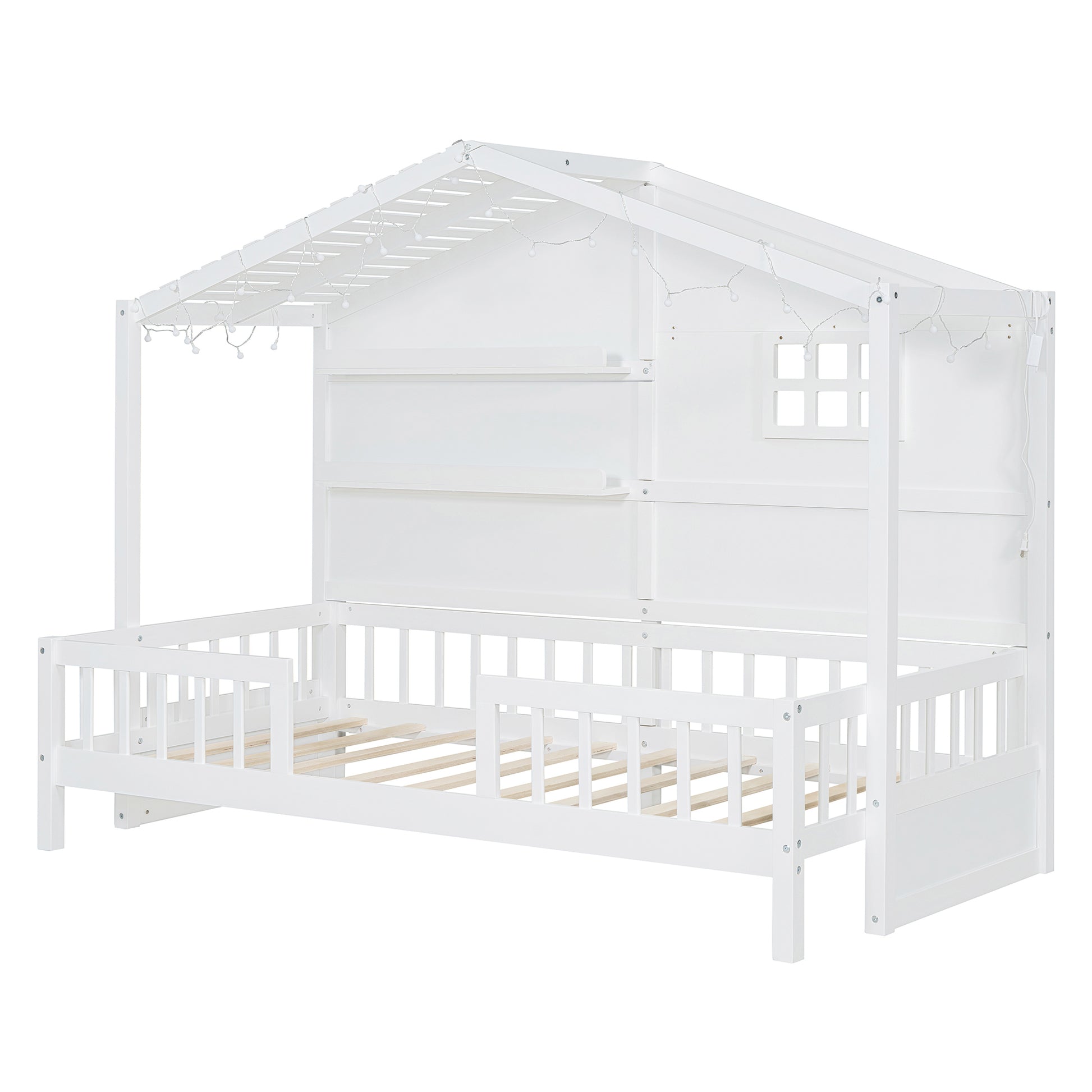 Twin Size House Bed With Shelves, House Bed With Window And Sparkling Light Strip On The Roof, White Twin White Solid Wood Mdf