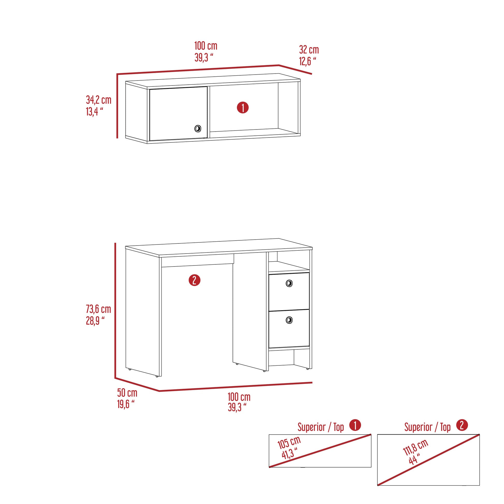 Khali 2 Pc Office Set, Two Shelves, Two Drawers, Wall Cabinet, Single Door Cabinet, Light Oak Taupe Multicolor Office Modern Particle Board Particle Board