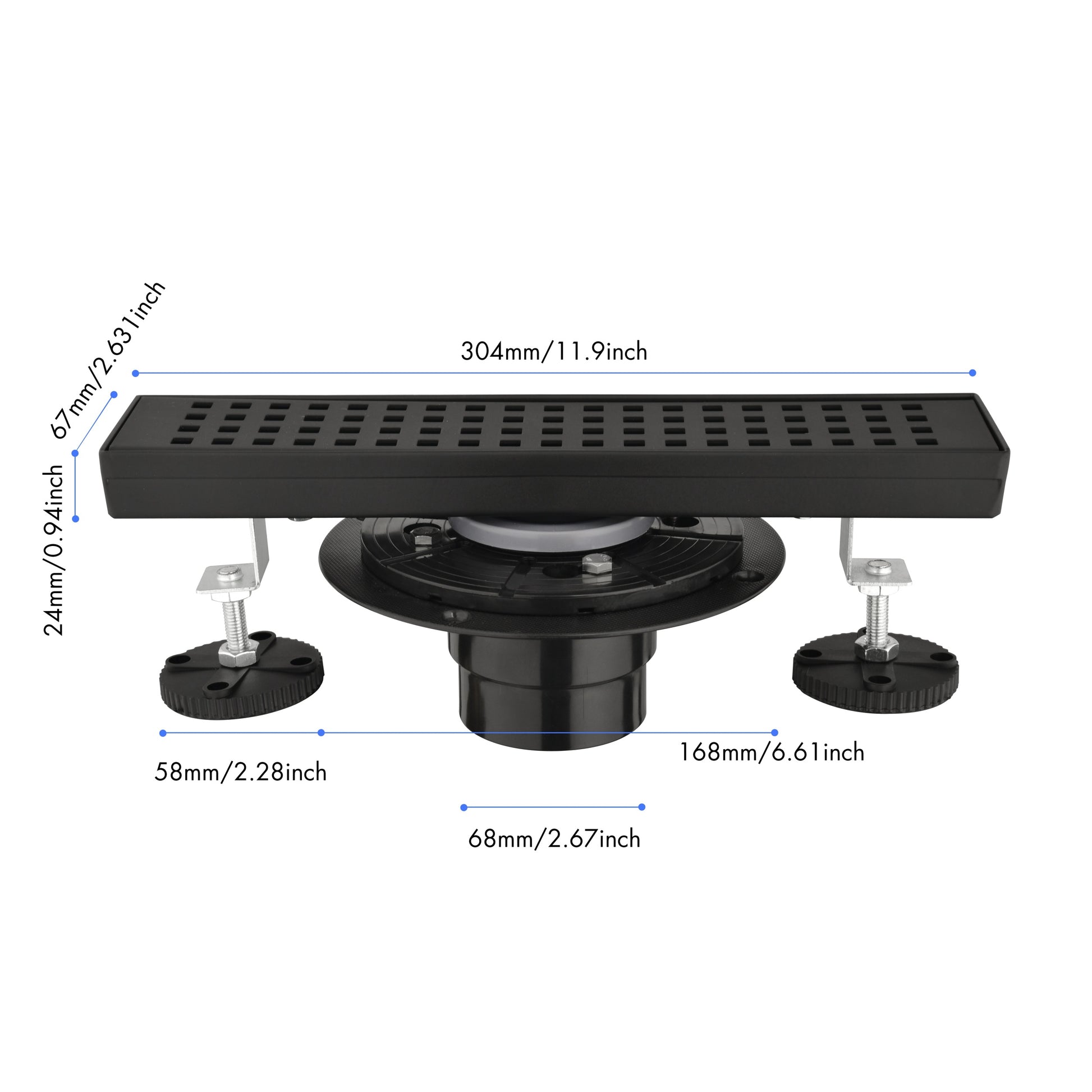 12 Inches Linear Shower Drain With Removable Quadrato Pattern Grate, 304 Stainless Shower Drain Included Hair Strainer And Leveling Feet, Flange Matte Black Stainless Steel