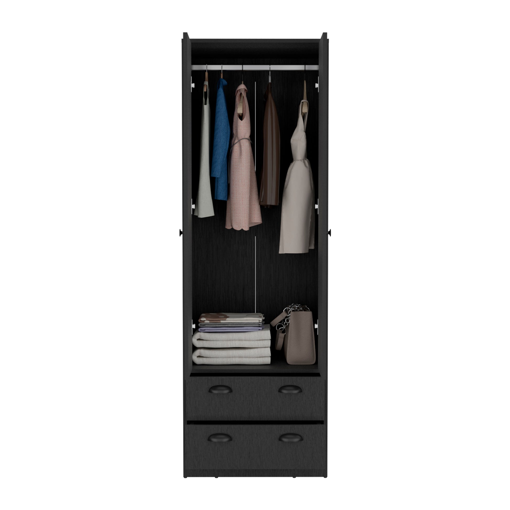 Armoire 70"H With 2 Drawers And 2 Doors, Black Black Bedroom Modern Particle Board Particle Board