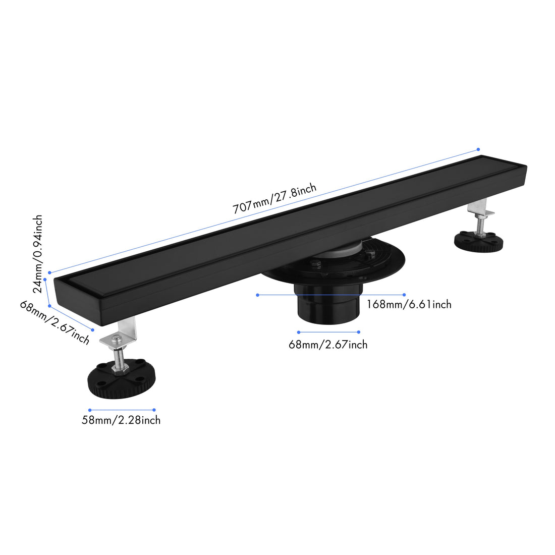 28 Inches Linear Shower Drain With Removable Cover, 304 Stainless Shower Drain Included Hair Strainer And Leveling Feet, Flange Matte Black Stainless Steel