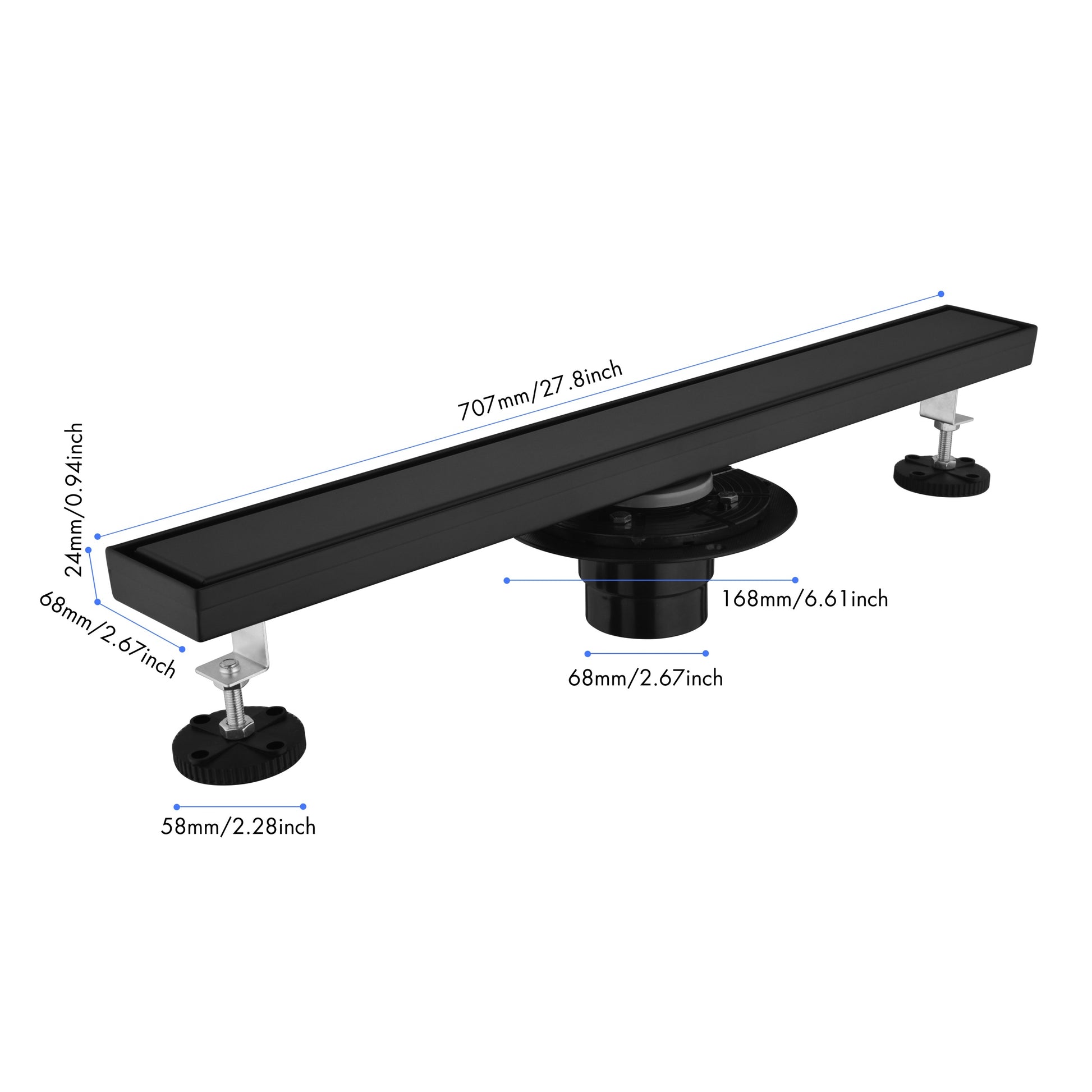 28 Inches Linear Shower Drain With Removable Cover, 304 Stainless Shower Drain Included Hair Strainer And Leveling Feet, Flange Matte Black Stainless Steel