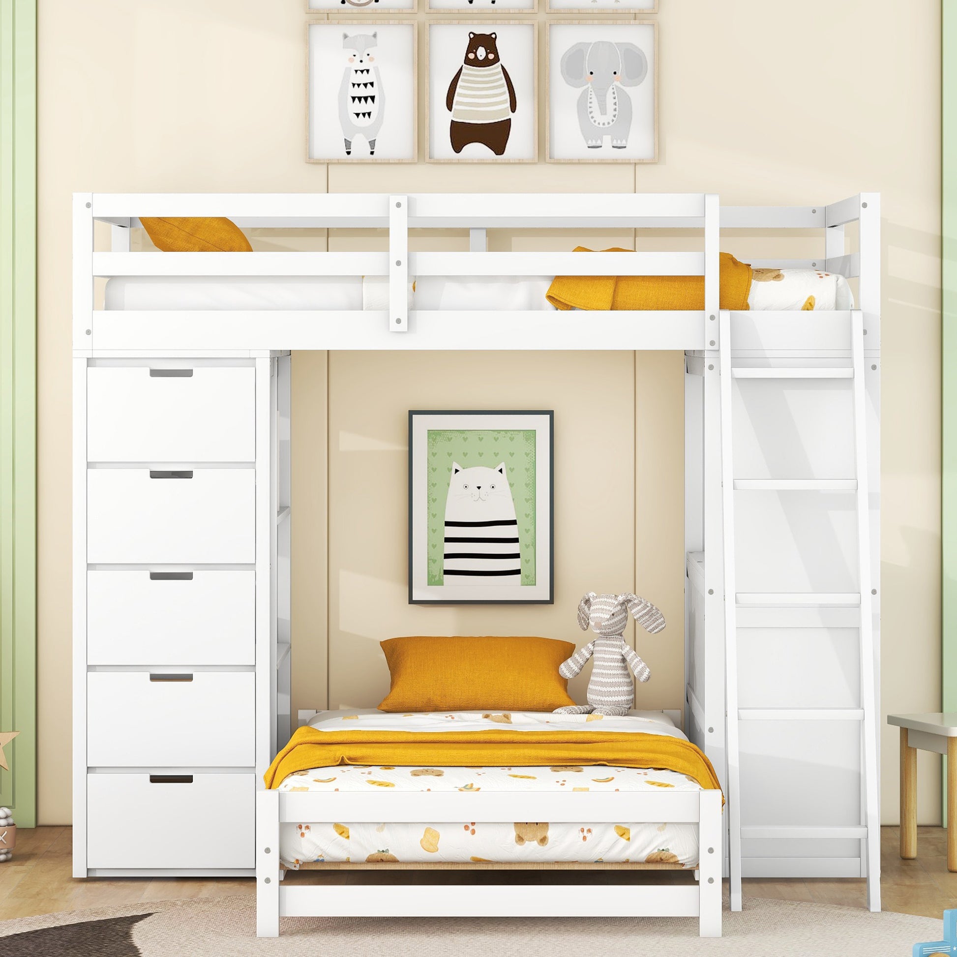 Twin Over Twin Bunk Bed With Led Light And Usb Ports, White Twin White Plywood