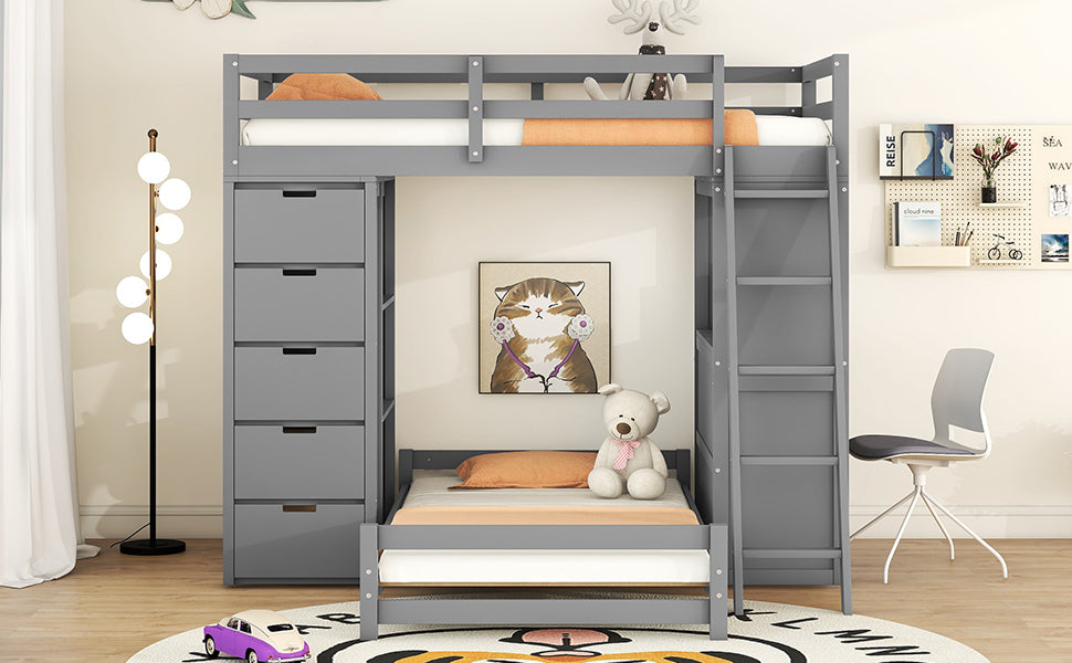 Twin Over Twin Bunk Bed With Led Light And Usb Ports, Gray Twin Gray Plywood