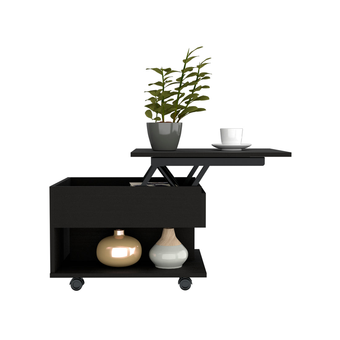 Lift Top Coffee Table, Casters, One Shelf, Black Black Particle Board Particle Board