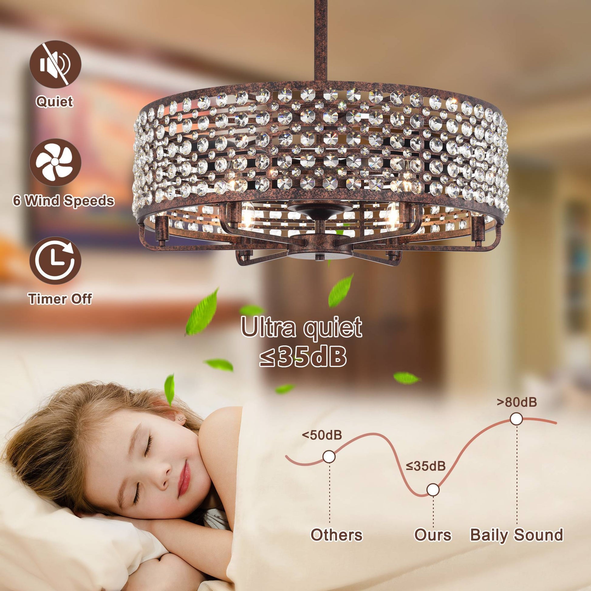 Dia 26.8 Inch Chandelier Ceiling Fan ,Crystal Shade Ceiling Fan With Remote Control,3 Abs Blade 4 Light No Include Bulb Rustic Brown American Design,American Traditional,Classic,Contemporary,Farmhouse Abs Metal