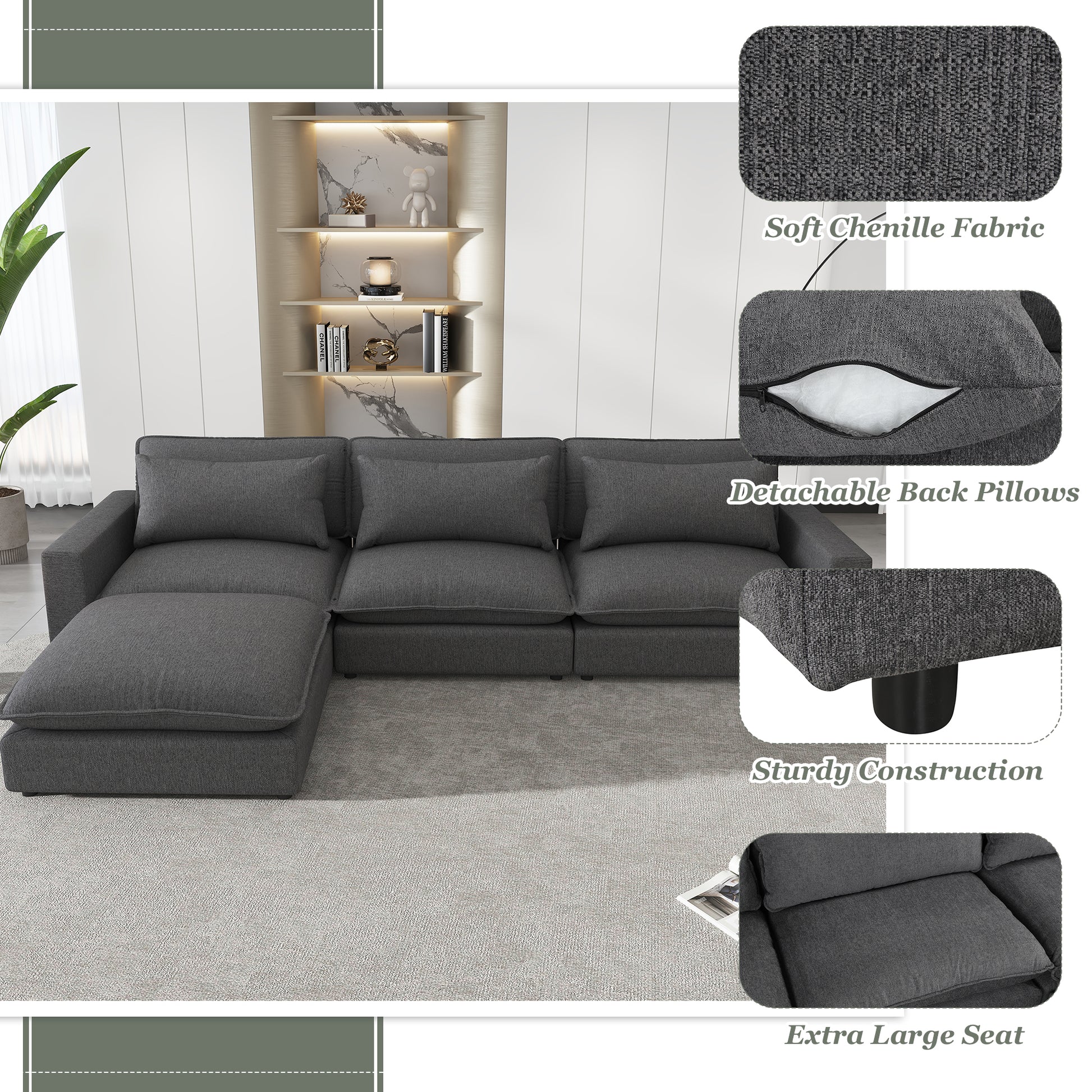 128" Sectional Sofa Cloud Sofa Chenille Upholstered Sofa Couch With Movable Ottoman, Comfortable Seat Cushions, Charging Ports And Three Back Pillows For Living Room, Grey Grey Foam Chenille 4 Seat