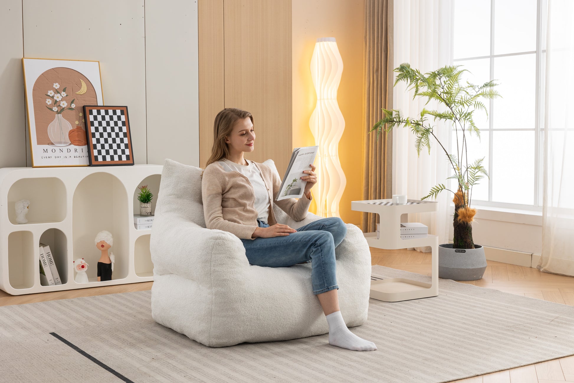 054 Large Size Teddy Fabric Bean Bag Chair Lazy Sofa Chair Sponge Filling For Indoor,Ivory Ivory Primary Living Space Soft Tufted Back Modern Memory Foam Teddy