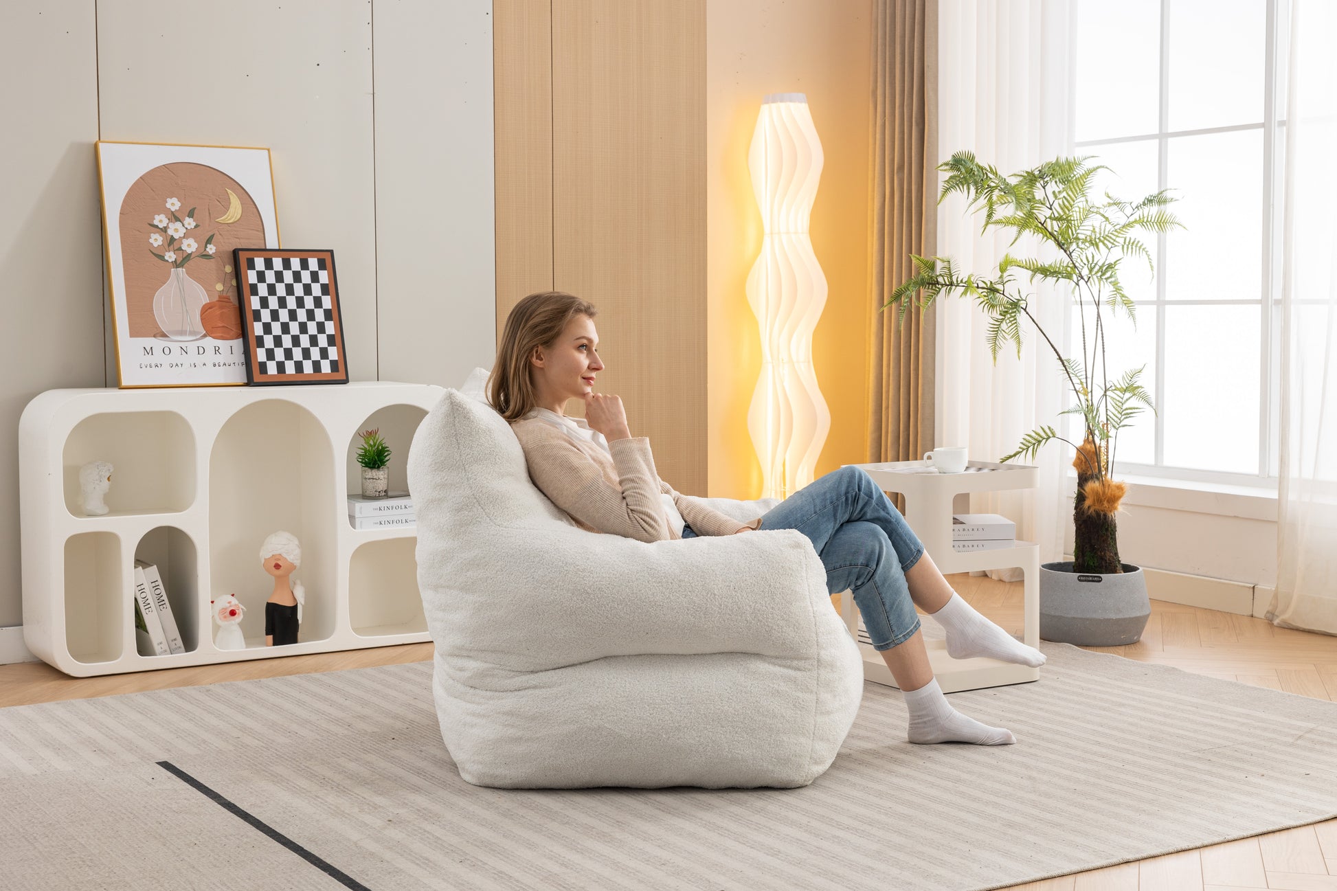 054 Large Size Teddy Fabric Bean Bag Chair Lazy Sofa Chair Sponge Filling For Indoor,Ivory Ivory Primary Living Space Soft Tufted Back Modern Memory Foam Teddy