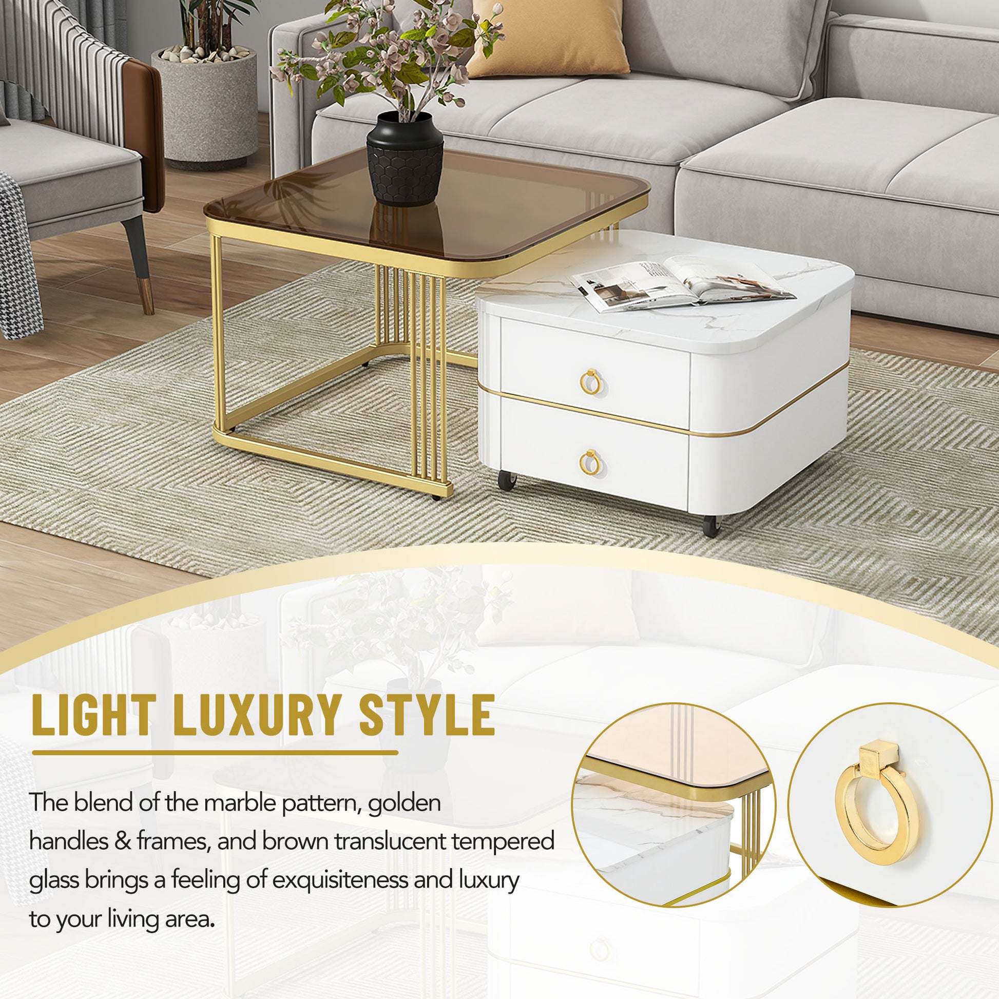 2 In 1 Square Nesting Coffee Table With Wheels & Drawers, Stackable Side Table With High Gloss Marble Grain Top, End Table Set With Brown Tempered Glass For Living Room, White White Gold Primary Living Space Drawers Square Mdf Steel
