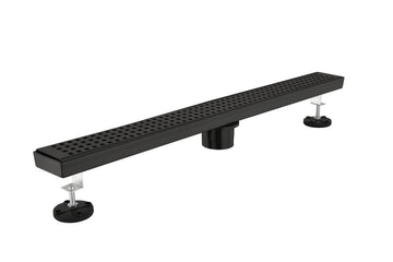 28 Inches Linear Shower Drain With Removable Quadrato Pattern Grate, 304 Stainless Shower Drain Included Hair Strainer And Leveling Feet, Flange Matte Black Stainless Steel