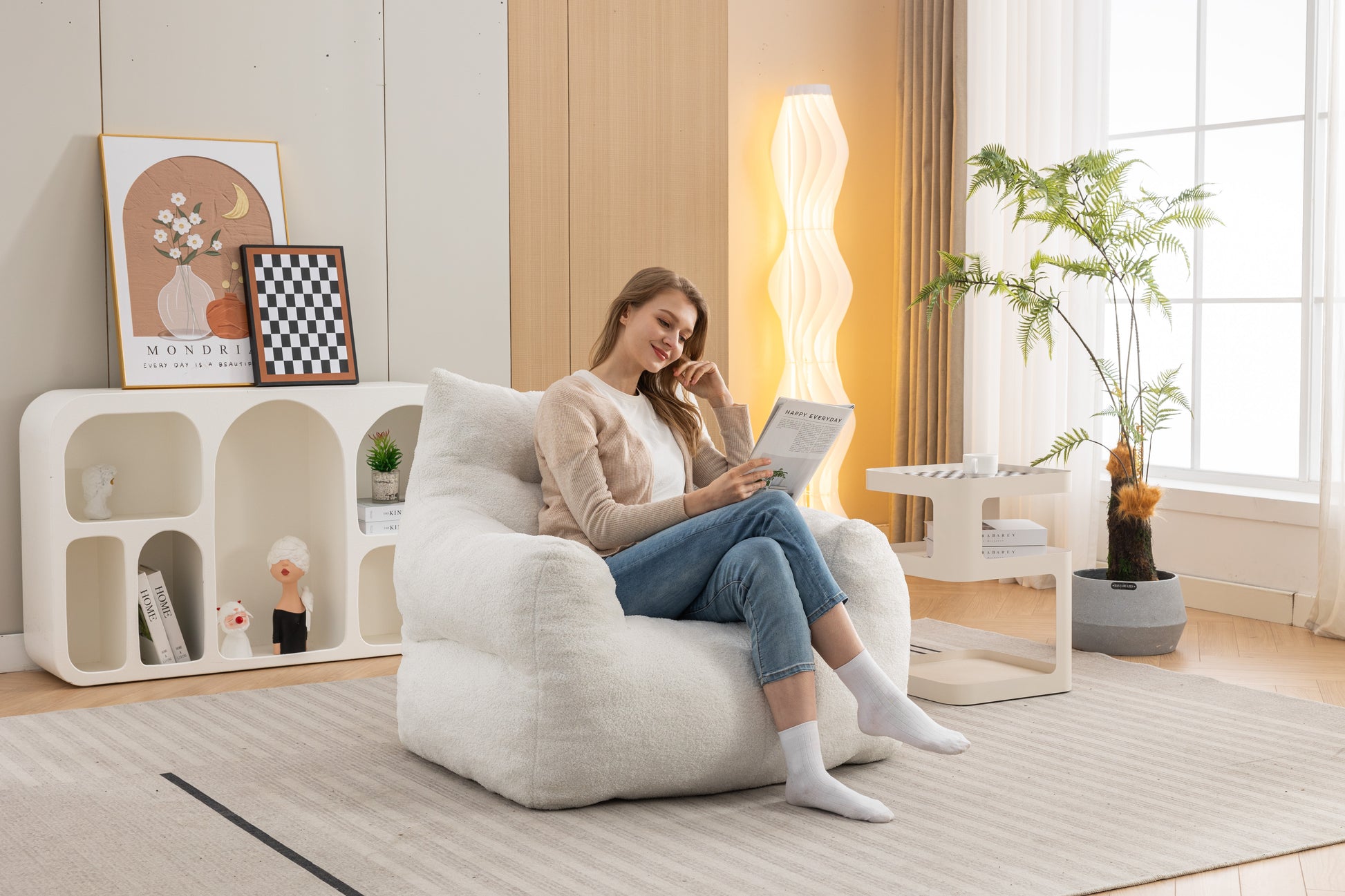 054 Large Size Teddy Fabric Bean Bag Chair Lazy Sofa Chair Sponge Filling For Indoor,Ivory Ivory Primary Living Space Soft Tufted Back Modern Memory Foam Teddy