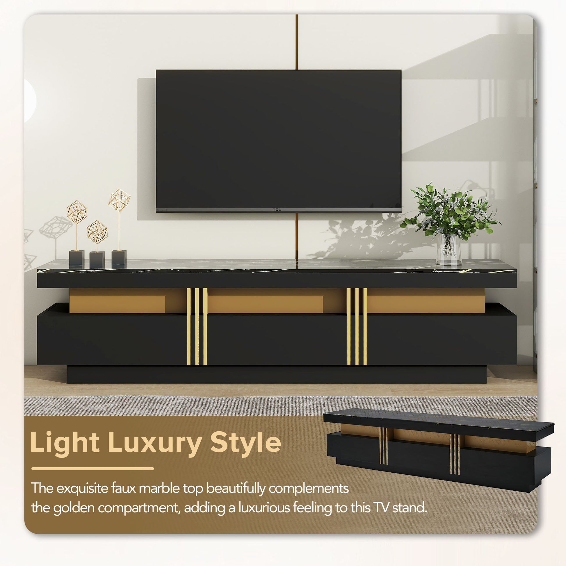 Modern Luxury Tv Stand And Coffee Table Set Of 2, High Gloss Faux Marble Top, Tv Stand For Tvs Up To 78'', Rectangle Coffee Table With Caster Wheels For Living Room, Black Black Gold 70 79 Inches Mdf