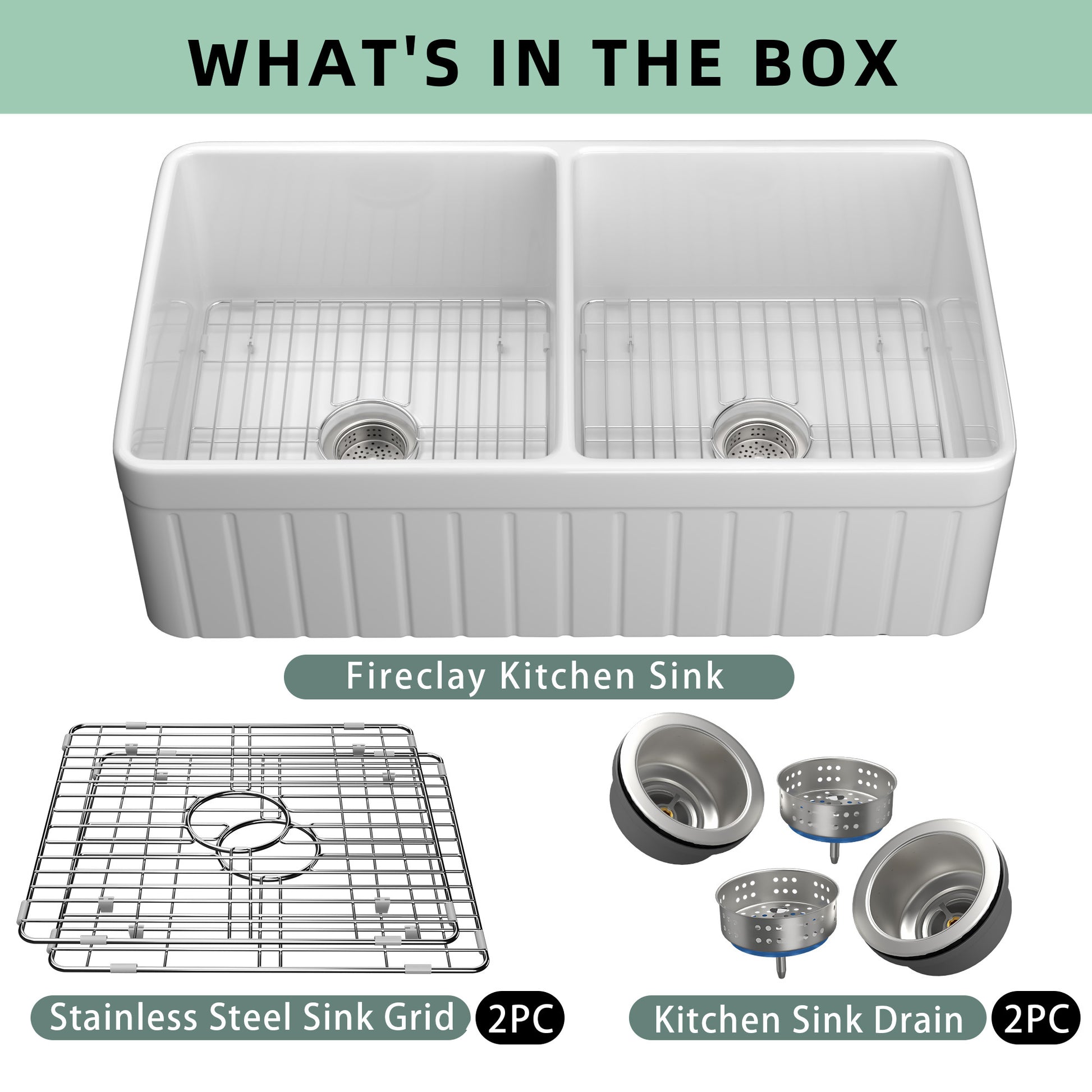 33 Inch Fireclay Farmhouse Kitchen Sink Double Bowl White Apron Front Kitchen Sink, Bottom Grid And Kitchen Sink Drain Included,Ceramic Porcelain Farm Deep Sinks 50 50 White Kitchen Modern Fireclay