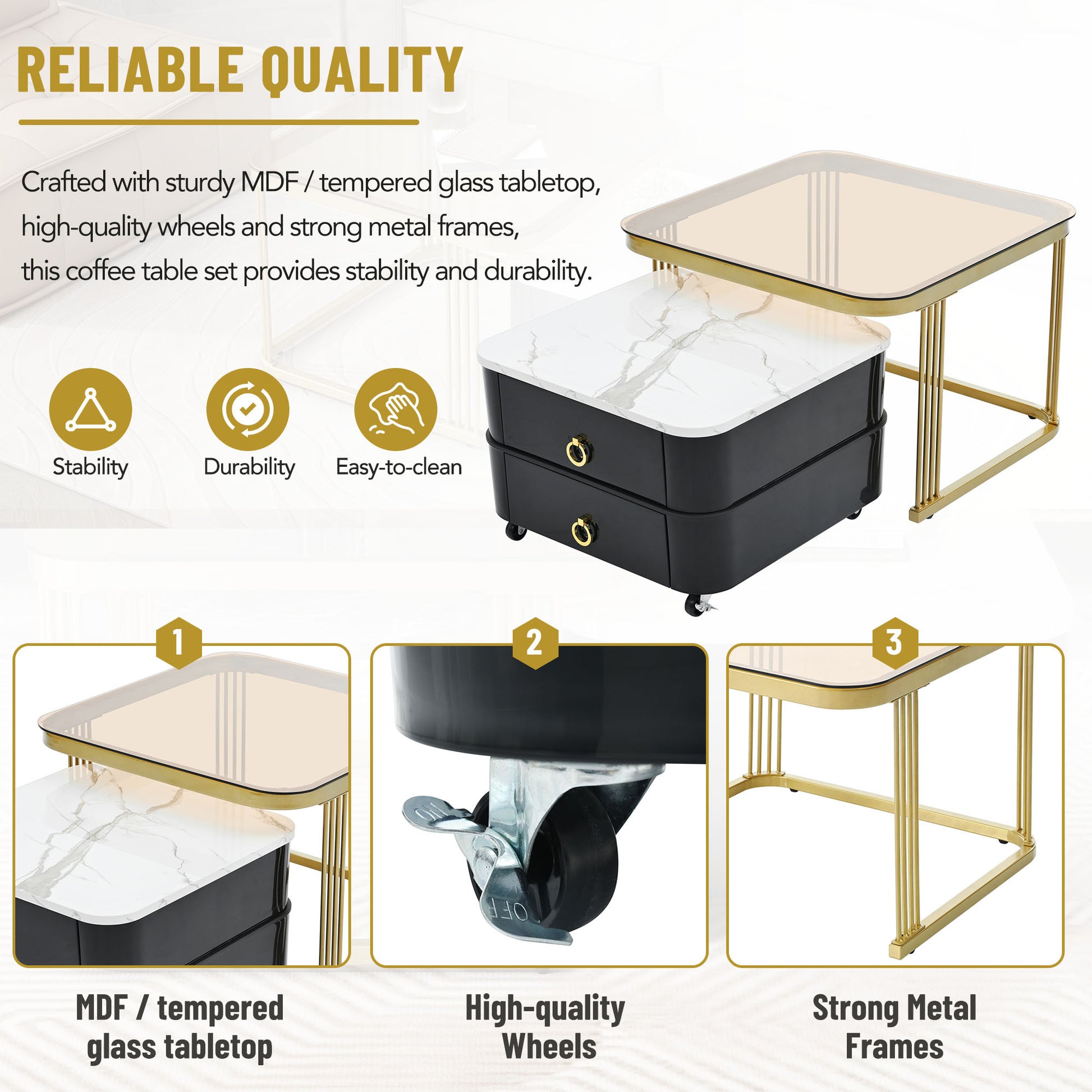 2 In 1 Square Nesting Coffee Table With Wheels & Drawers, Stackable Side Table With High Gloss Marble Grain Top, End Table Set With Brown Tempered Glass For Living Room, Black Black Gold Primary Living Space Drawers Square Mdf Steel