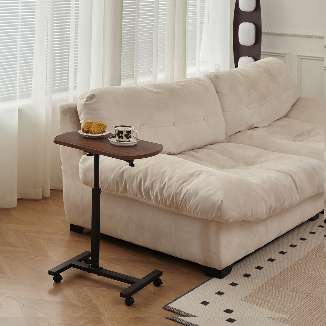 Height Adjustable Sofa Side C Shape Table,Laptop Holder End Stand Desk Brown Mdf Metal