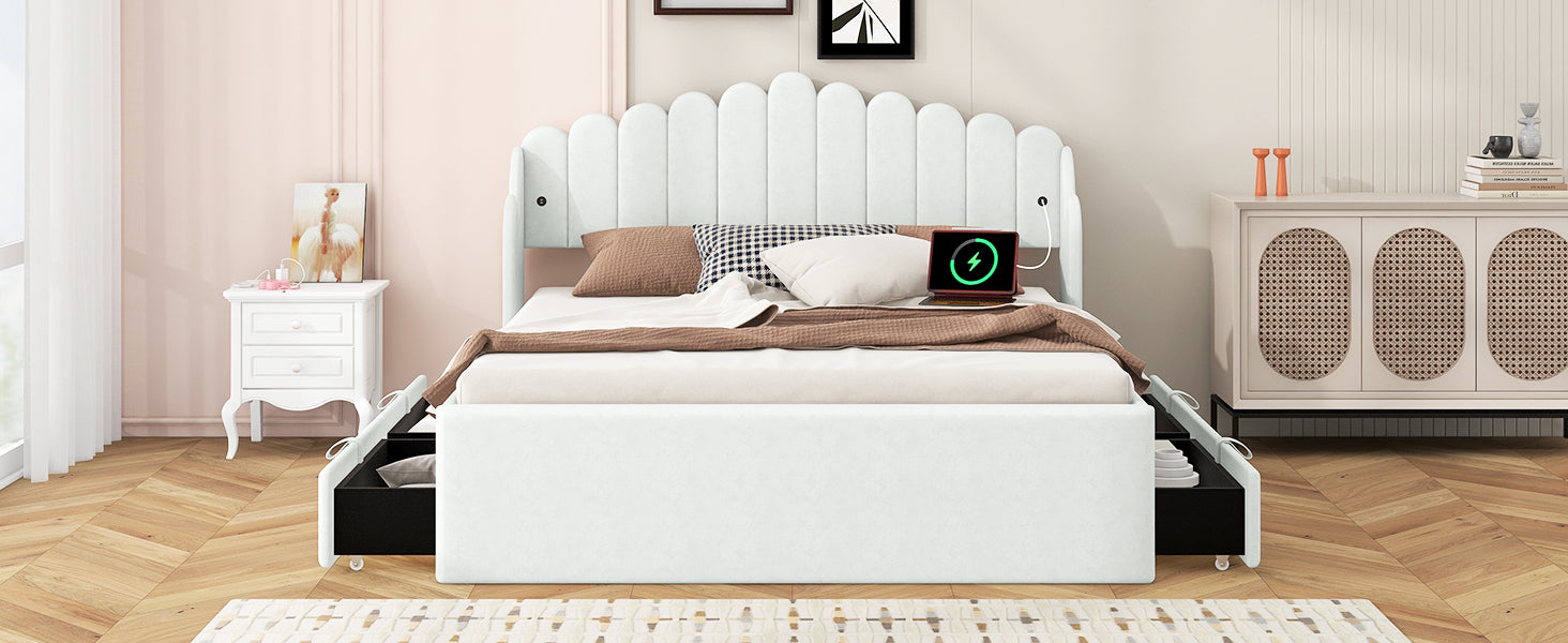 Queen Size Upholstered Platform Bed With 4 Drawers And 2 Usb, Beige Box Spring Not Required Queen Beige Wood Bedroom Bed Frame Polyester Upholstered