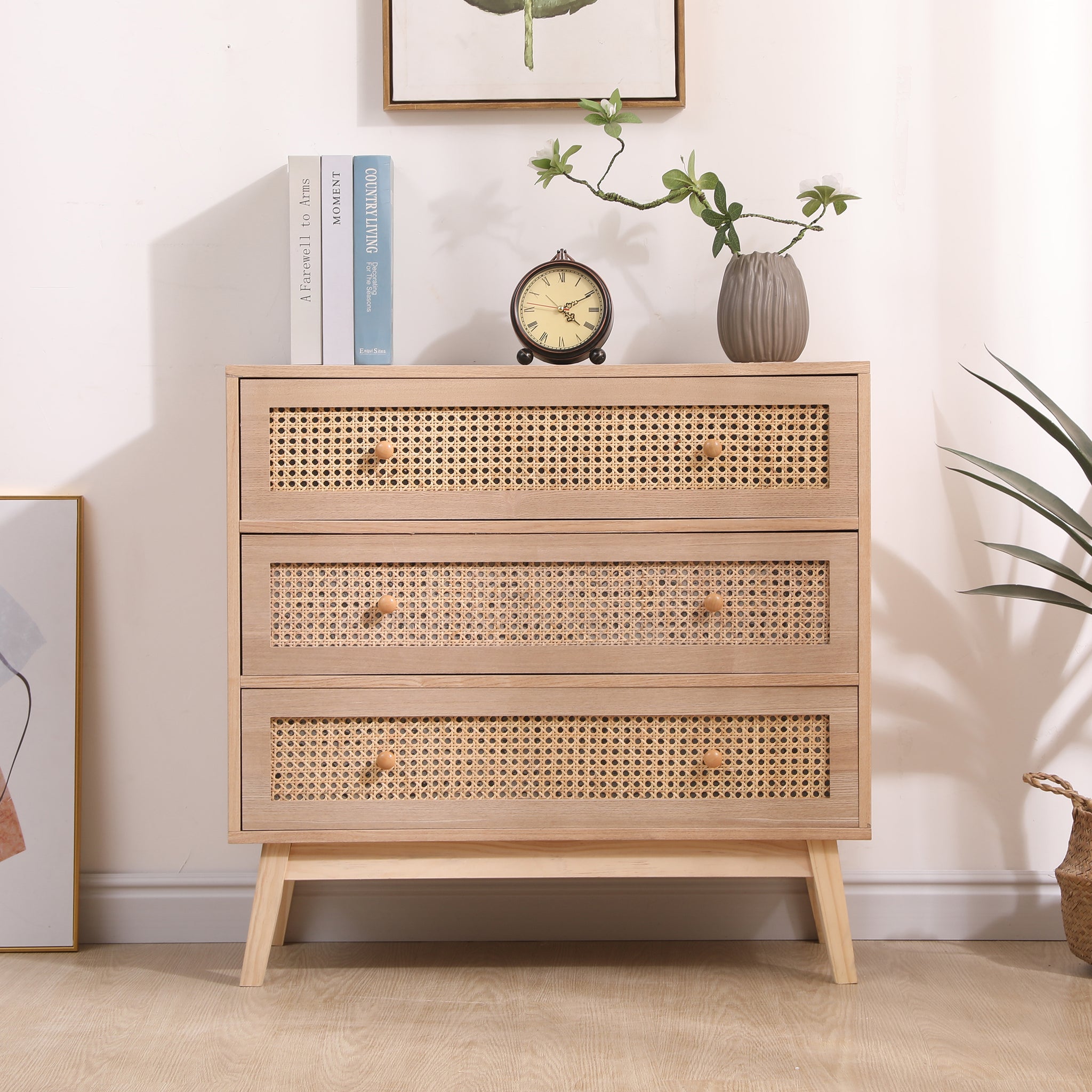 31.5 "3 Drawers Rattan Storage Cabinet Rattan Drawer,For Bedroom,Living Room,Natural Freestanding 3 4 Drawers Natural Natural Wood Brown Primary Living Space Drawers Included Pastoral Pine Solid Wood Mdf Wood Rattan