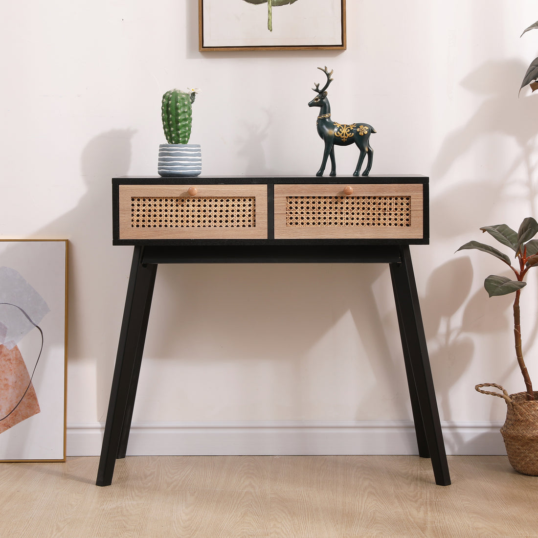 Side Table With Two Real Rattan Drawers, Solid Wood Table Legs,Can Be Used In The Dining Room, Living Room,Bedroom,Entrance,Black Freestanding 1 2 Drawers Lacquered Natural Black Light Brown Primary Living Space Drawers Included Pastoral Pine Solid Wood