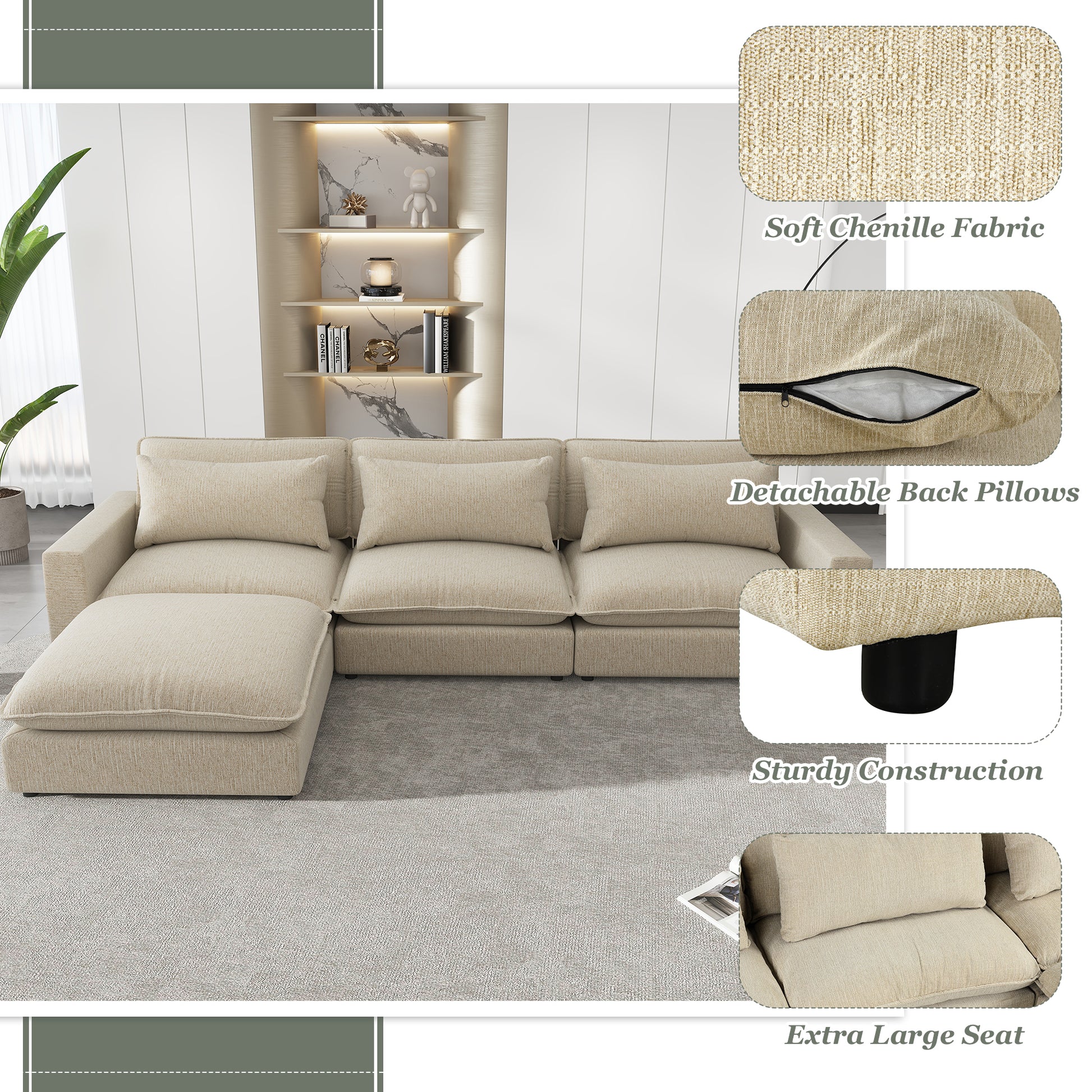 128" Sectional Sofa Cloud Sofa Chenille Upholstered Sofa Couch With Movable Ottoman, Comfortable Seat Cushions, Charging Ports And Three Back Pillows For Living Room, Beige Beige Foam Chenille 4 Seat