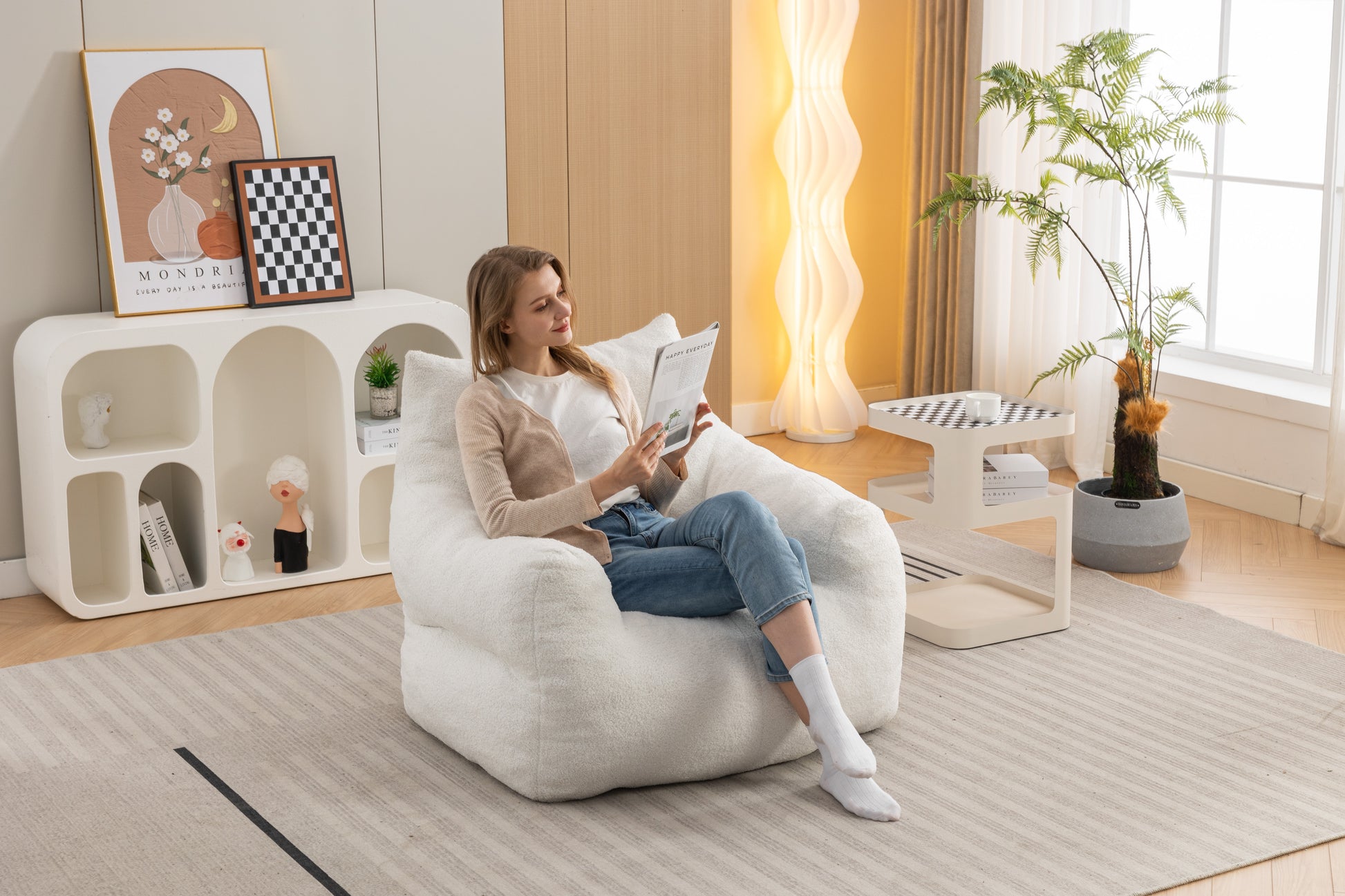 054 Large Size Teddy Fabric Bean Bag Chair Lazy Sofa Chair Sponge Filling For Indoor,Ivory Ivory Primary Living Space Soft Tufted Back Modern Memory Foam Teddy