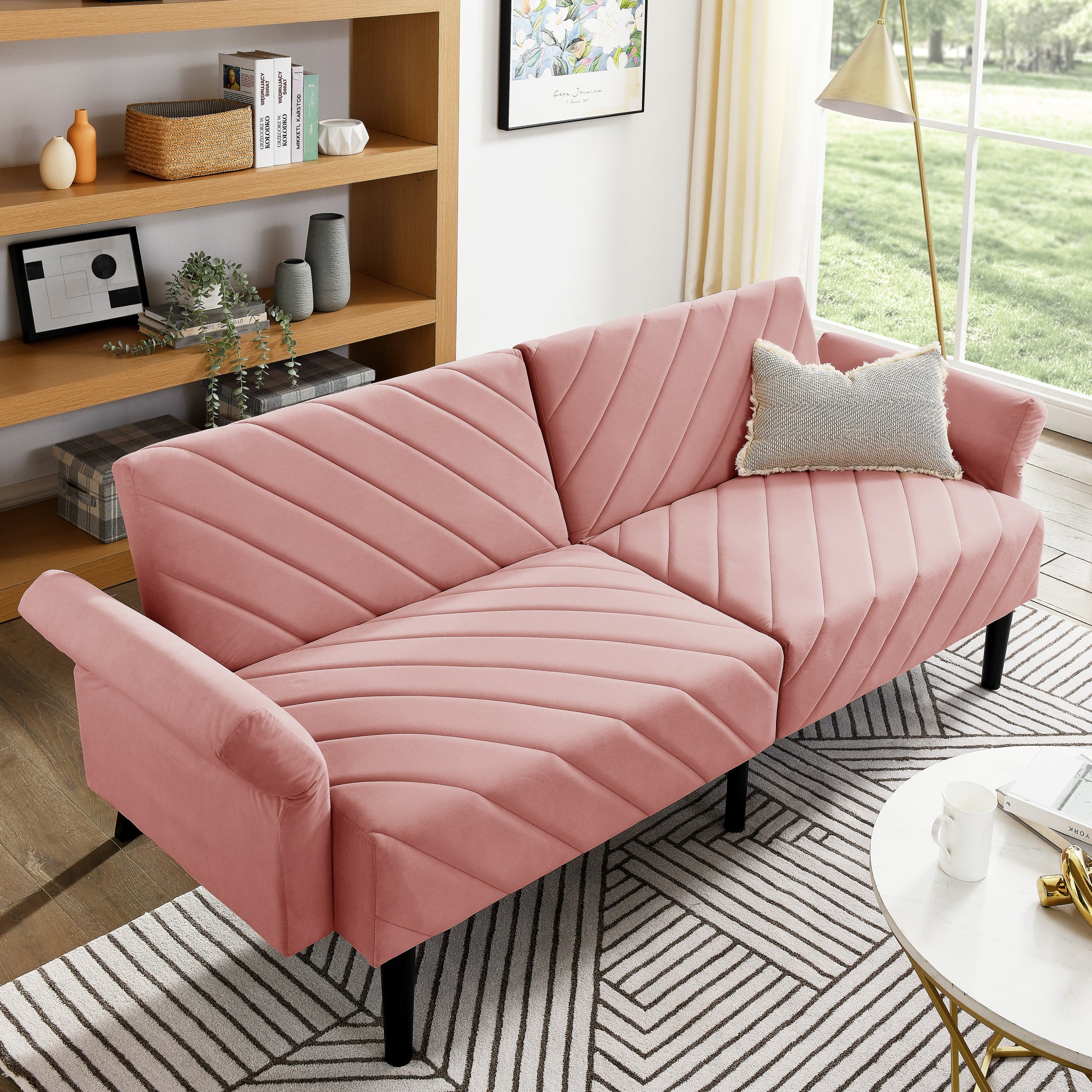 Velvet Futon Couch Convertible Folding Sofa Bed Tufted Couch With Adjustable Armrests For Apartment Pink Velvet Metal Medium Soft Split Back Eucalyptus Square Arms Foam 3 Seat