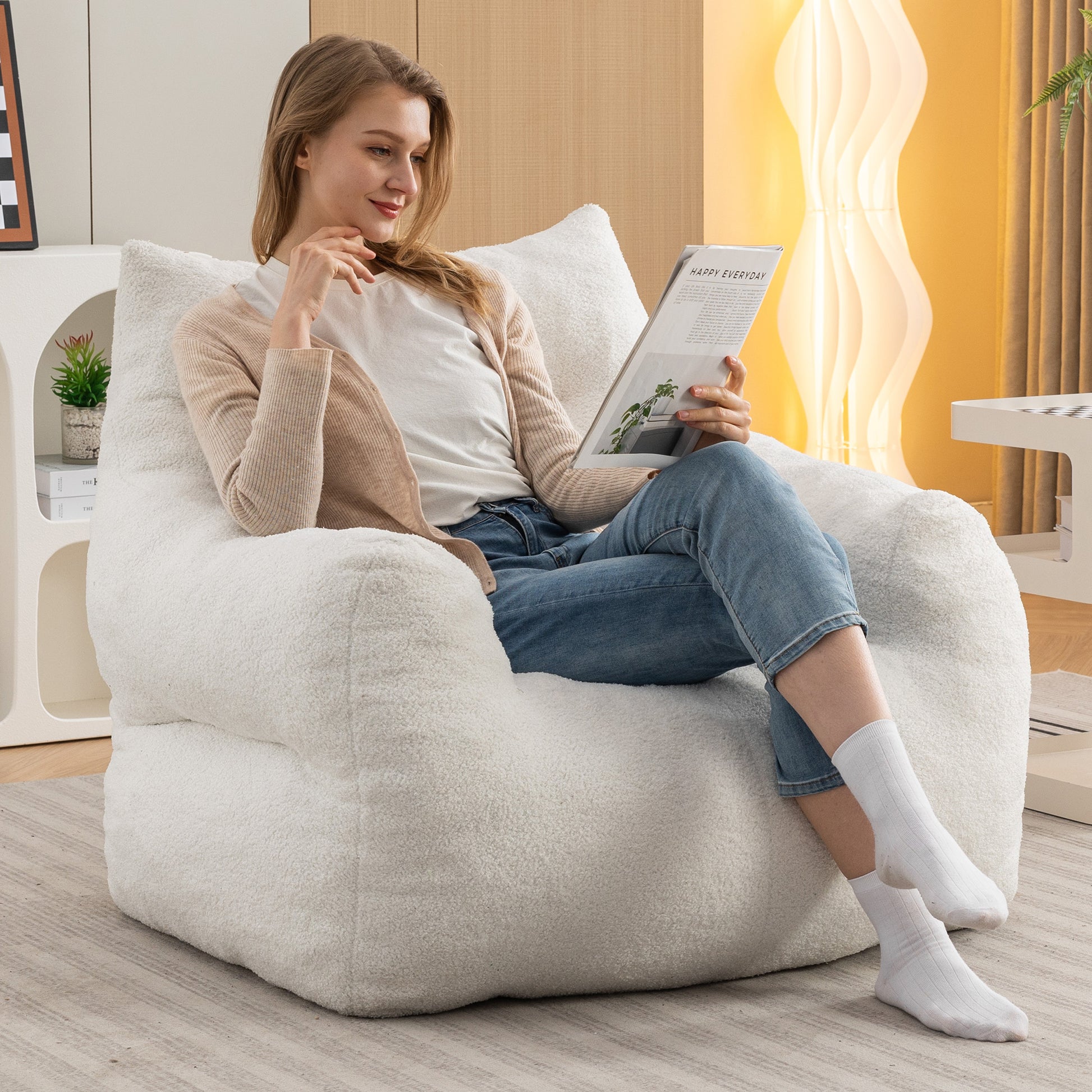 054 Large Size Teddy Fabric Bean Bag Chair Lazy Sofa Chair Sponge Filling For Indoor,Ivory Ivory Primary Living Space Soft Tufted Back Modern Memory Foam Teddy