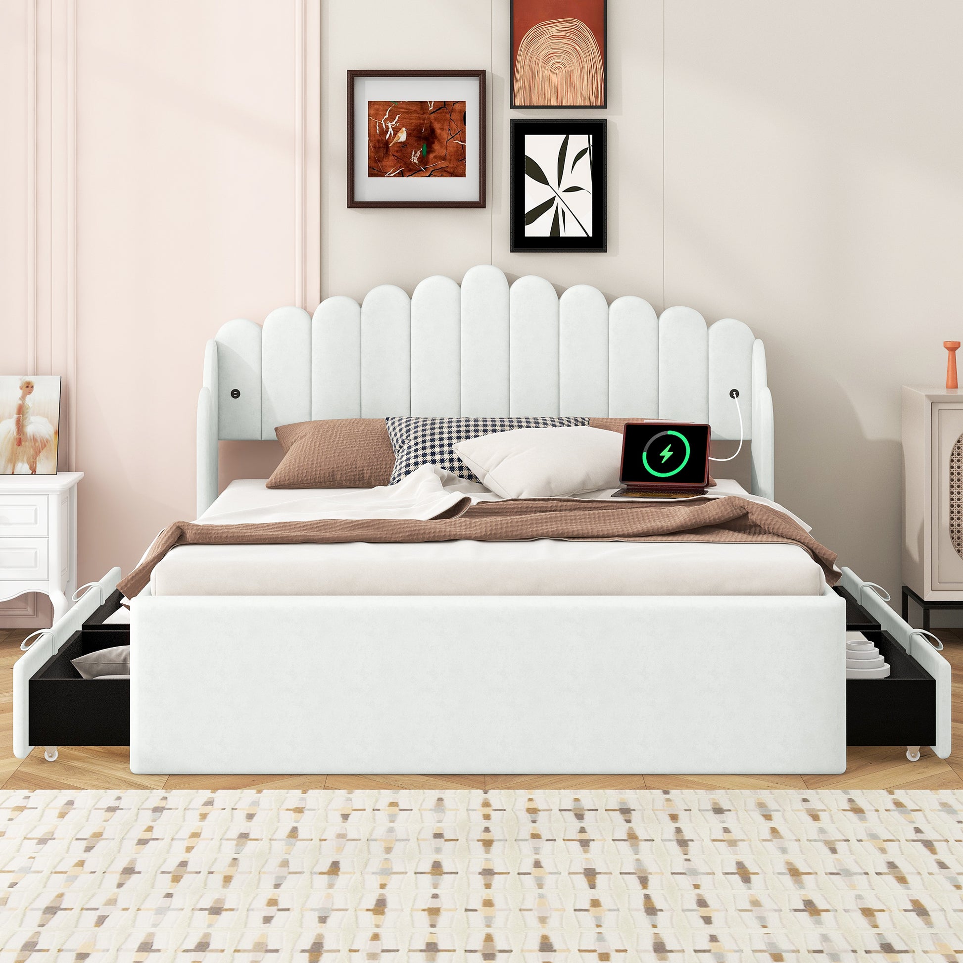 Queen Size Upholstered Platform Bed With 4 Drawers And 2 Usb, Beige Box Spring Not Required Queen Beige Wood Bedroom Bed Frame Polyester Upholstered