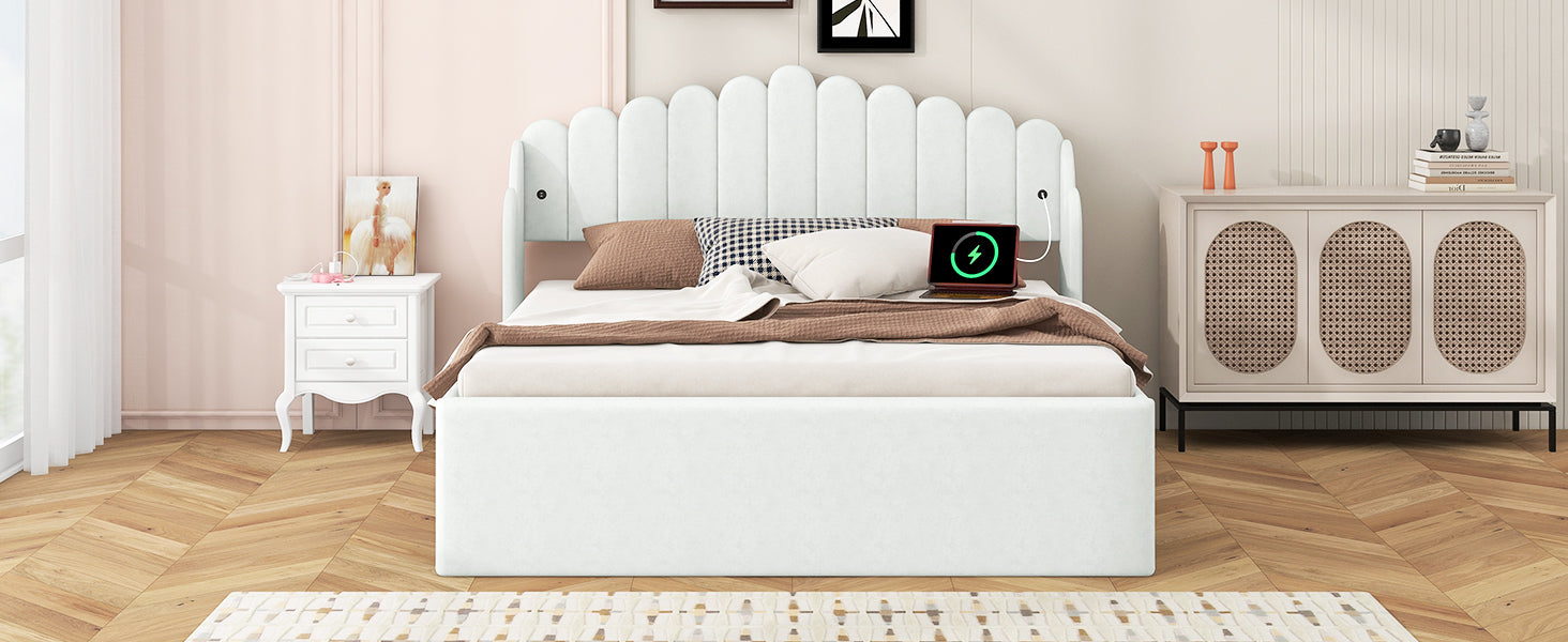 Queen Size Upholstered Platform Bed With 4 Drawers And 2 Usb, Beige Box Spring Not Required Queen Beige Wood Bedroom Bed Frame Polyester Upholstered