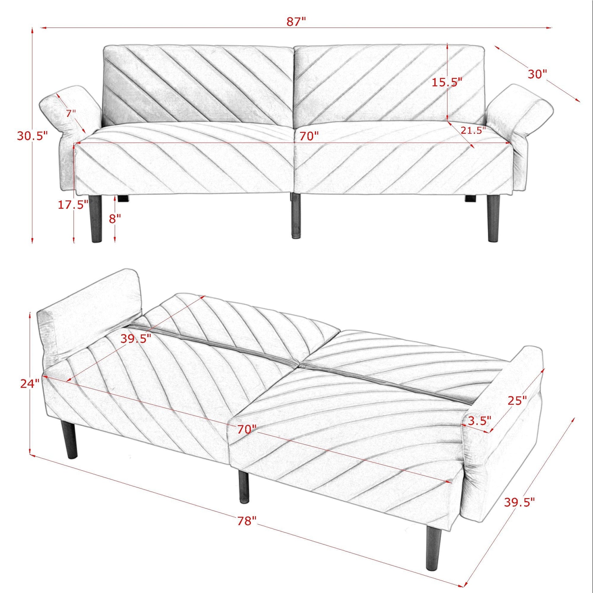 Velvet Futon Couch Convertible Folding Sofa Bed Tufted Couch With Adjustable Armrests For Apartment Blue Velvet Metal Primary Living Space Medium Soft Split Back Eucalyptus Square Arms Foam 3 Seat