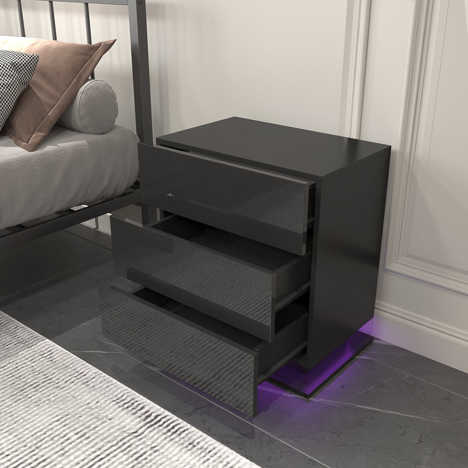 Nightstand With 3 Storage Drawers,Led Lights, End Table For Bedroom Furniture Black Particle Board