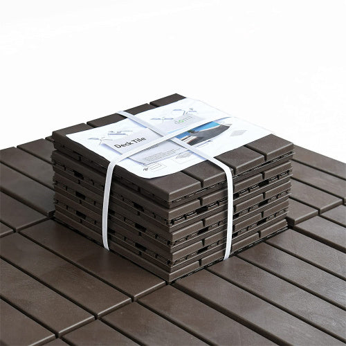 Patio Interlocking Deck Tiles, 12"X12" Square Composite Decking Tiles, Four Slat Plastic Outdoor Flooring Tile All Weather For Balcony Porch Backyard, Dark Brown, Pack Of 44 Brown Plastic