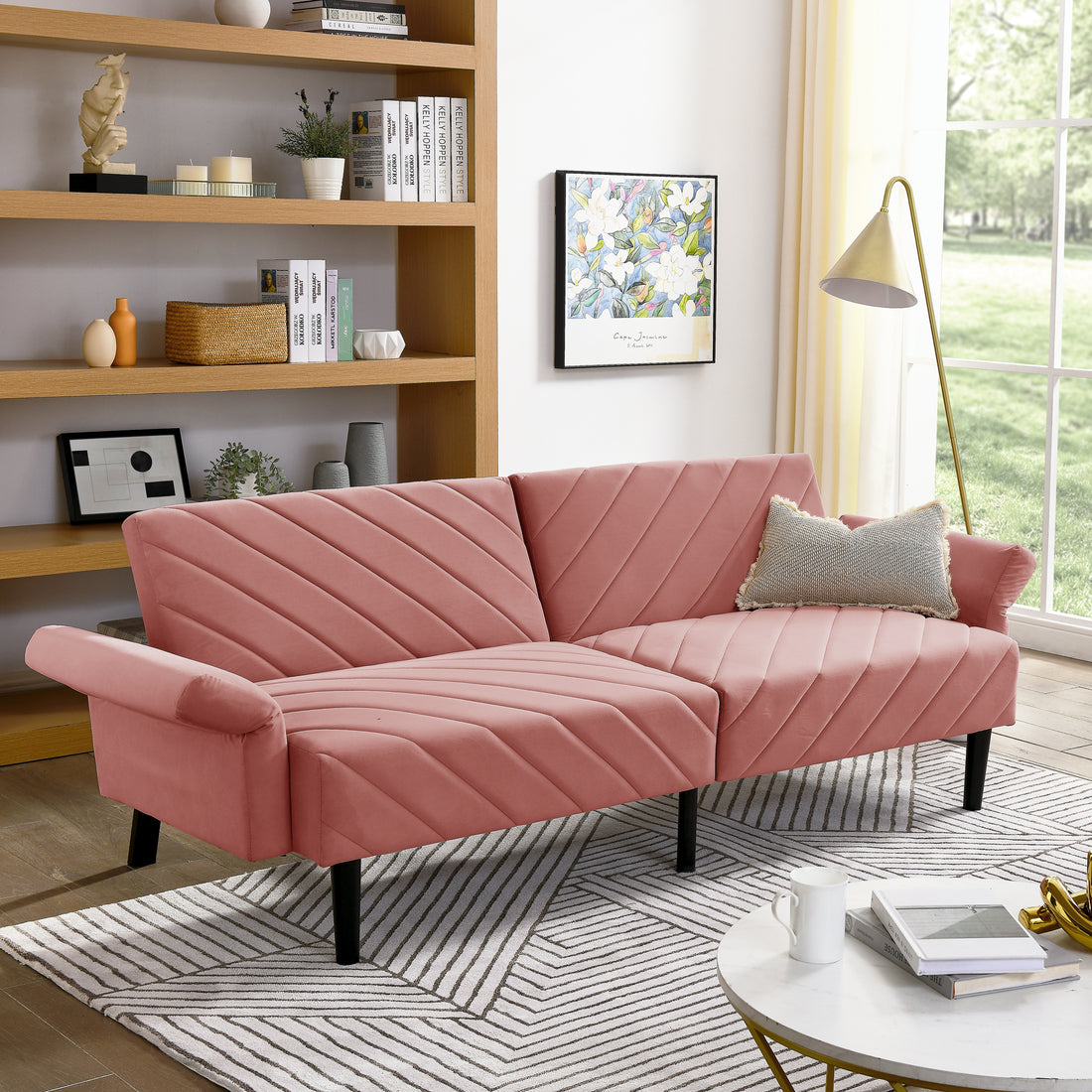 Velvet Futon Couch Convertible Folding Sofa Bed Tufted Couch With Adjustable Armrests For Apartment Pink Velvet Metal Medium Soft Split Back Eucalyptus Square Arms Foam 3 Seat