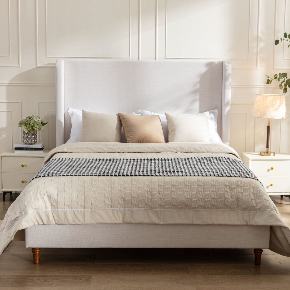 Harper Tall Headboard Upholstered Bed 54" High Headboard Elegant Simplicity No Box Spring Needed Easy Assembly Queen Textured Ivory Canvas Box Spring Not Required Queen Ivory Metal Brown Bedroom Contemporary Oak Bed Frame Foam Chenille Fabric Metal