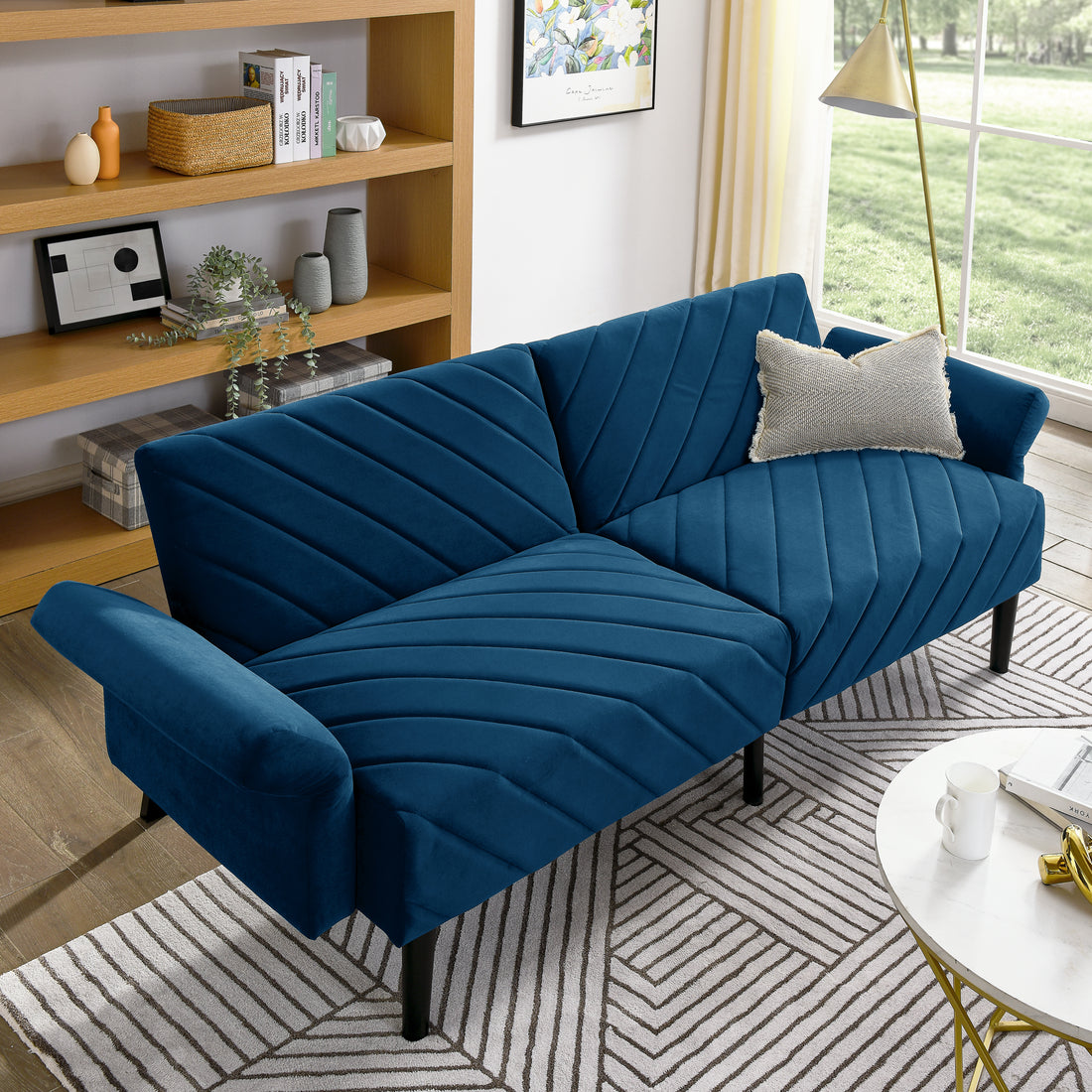 Velvet Futon Couch Convertible Folding Sofa Bed Tufted Couch With Adjustable Armrests For Apartment Blue Velvet Metal Primary Living Space Medium Soft Split Back Eucalyptus Square Arms Foam 3 Seat