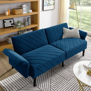 Velvet Futon Couch Convertible Folding Sofa Bed Tufted Couch With Adjustable Armrests For Apartment Blue Velvet Metal Primary Living Space Medium Soft Split Back Eucalyptus Square Arms Foam 3 Seat