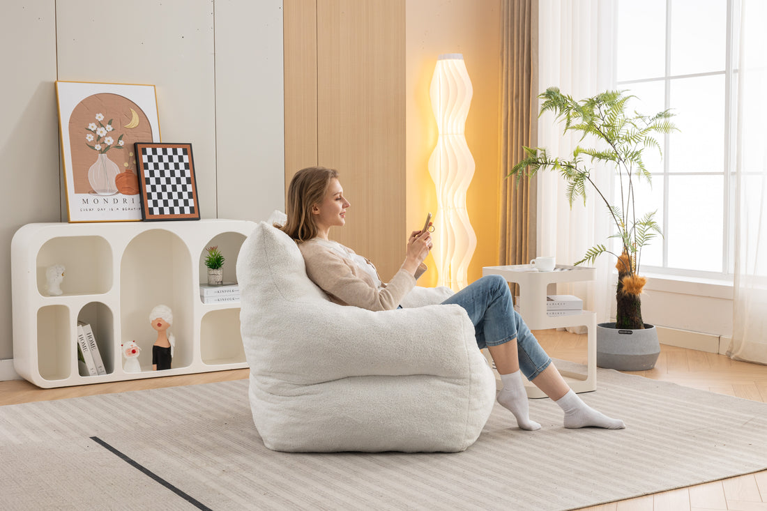 054 Large Size Teddy Fabric Bean Bag Chair Lazy Sofa Chair Sponge Filling For Indoor,Ivory Ivory Primary Living Space Soft Tufted Back Modern Memory Foam Teddy