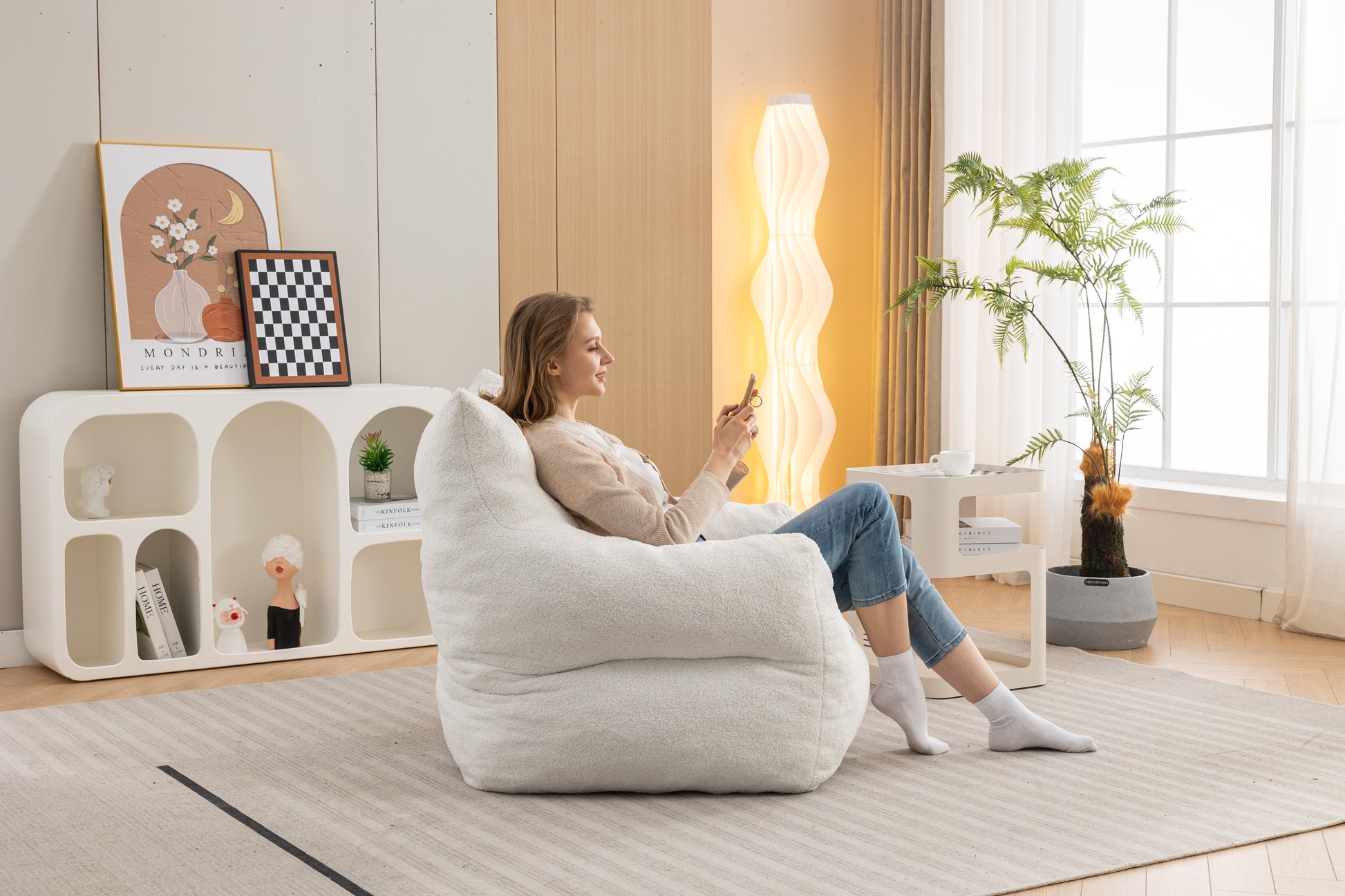 054 Large Size Teddy Fabric Bean Bag Chair Lazy Sofa Chair Sponge Filling For Indoor,Ivory Ivory Primary Living Space Soft Tufted Back Modern Memory Foam Teddy