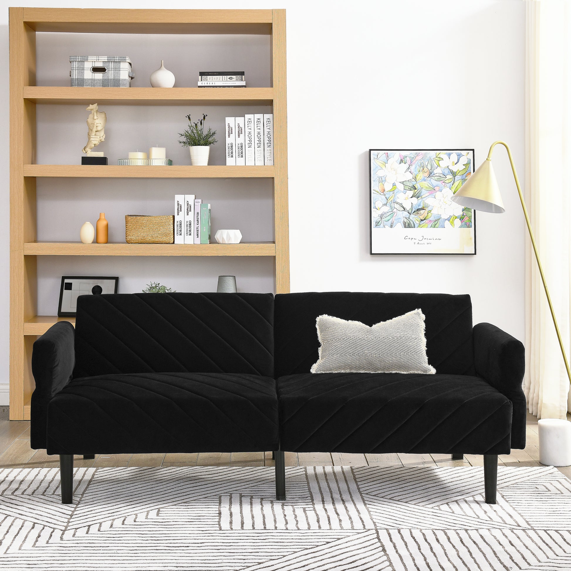 Velvet Futon Couch Convertible Folding Sofa Bed Tufted Couch With Adjustable Armrests For Apartment Black Velvet Metal Primary Living Space Split Back Eucalyptus Square Arms Foam 3 Seat