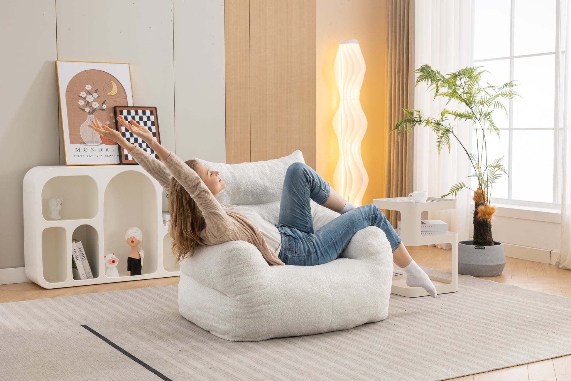 054 Large Size Teddy Fabric Bean Bag Chair Lazy Sofa Chair Sponge Filling For Indoor,Ivory Ivory Primary Living Space Soft Tufted Back Modern Memory Foam Teddy
