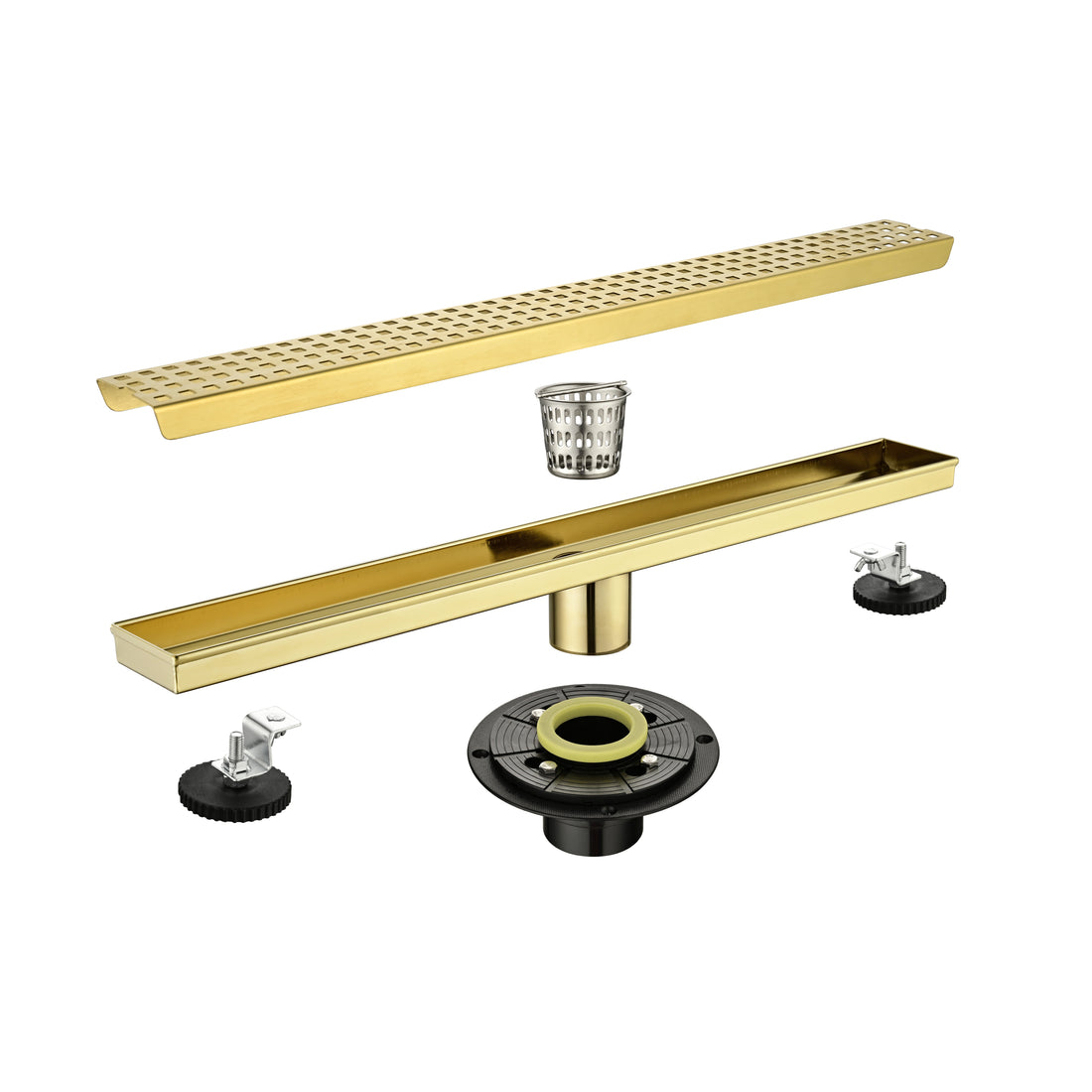 24 Inches Linear Shower Drain With Removable Quadrato Pattern Grate, 304 Stainless Shower Drain Included Hair Strainer And Leveling Feet, Flange Brushed Gold Stainless Steel