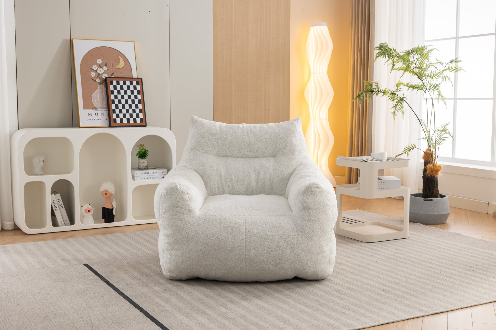 054 Large Size Teddy Fabric Bean Bag Chair Lazy Sofa Chair Sponge Filling For Indoor,Ivory Ivory Primary Living Space Soft Tufted Back Modern Memory Foam Teddy