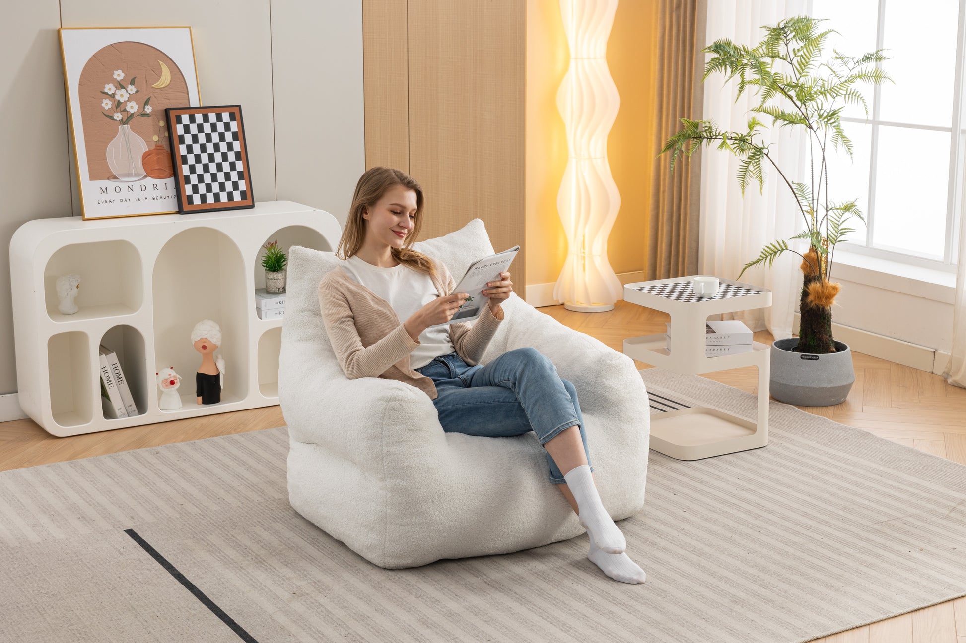 054 Large Size Teddy Fabric Bean Bag Chair Lazy Sofa Chair Sponge Filling For Indoor,Ivory Ivory Primary Living Space Soft Tufted Back Modern Memory Foam Teddy