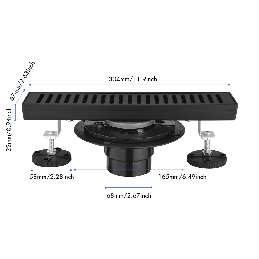 12 Inches Linear Shower Drain With Removable Capsule Pattern Grate, 304 Stainless Shower Drain Included Hair Strainer And Leveling Feet, Flange Matte Black Stainless Steel