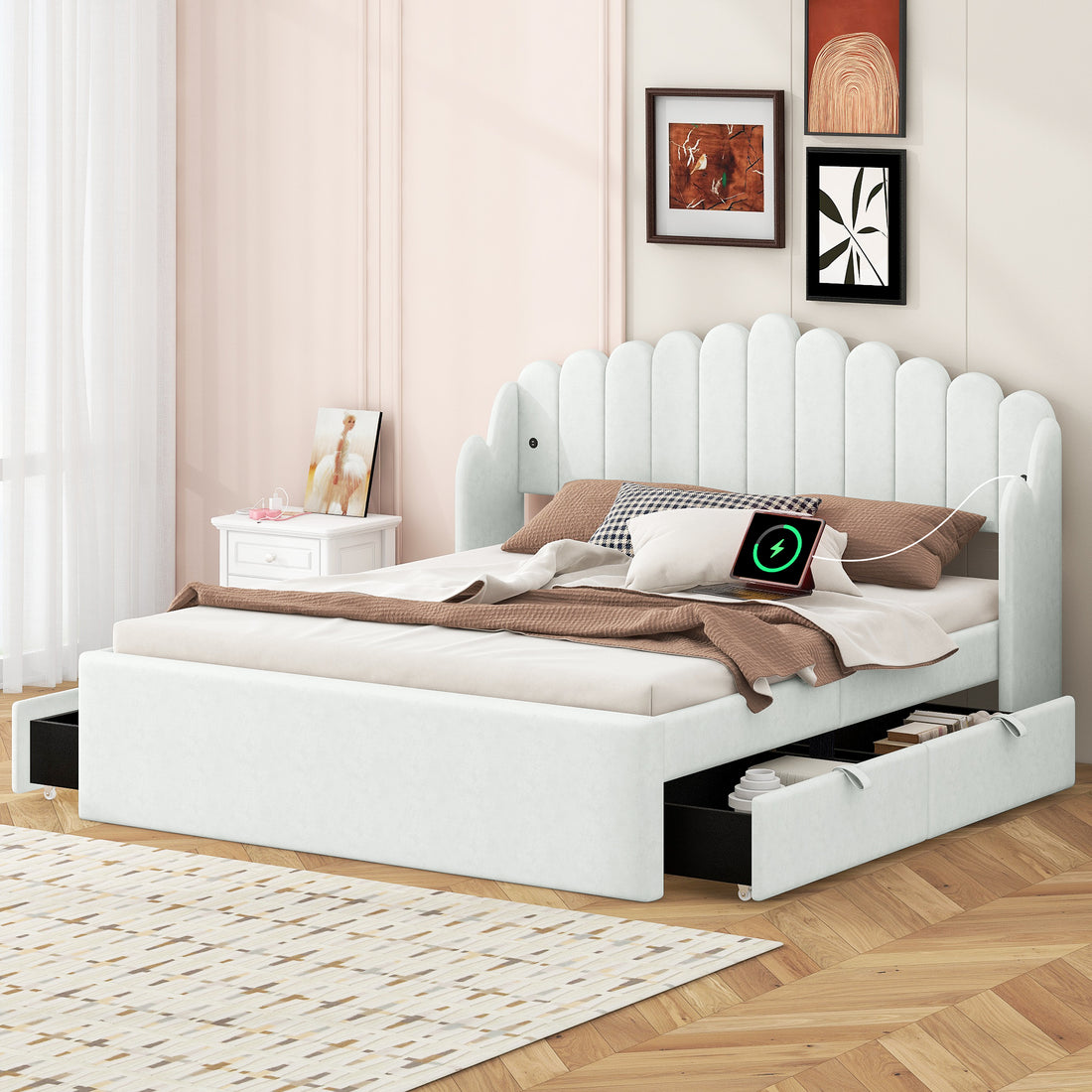 Queen Size Upholstered Platform Bed With 4 Drawers And 2 Usb, Beige Box Spring Not Required Queen Beige Wood Bedroom Bed Frame Polyester Upholstered